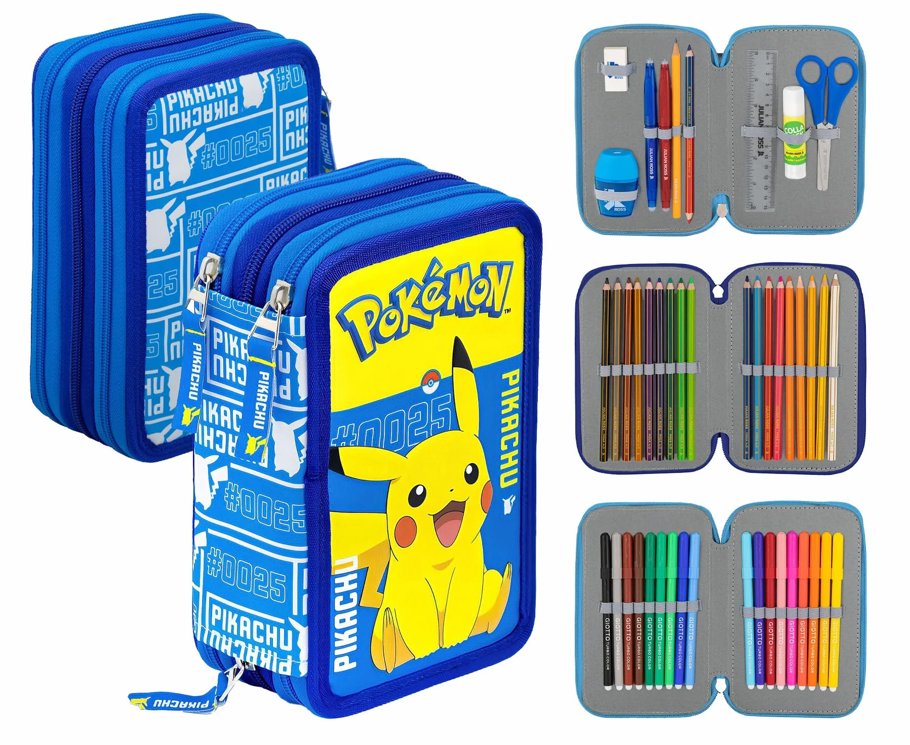 Clondo Astuccio 3 Scomparti 45 Pezzi Per Pokemon Fan Blu e Giallo