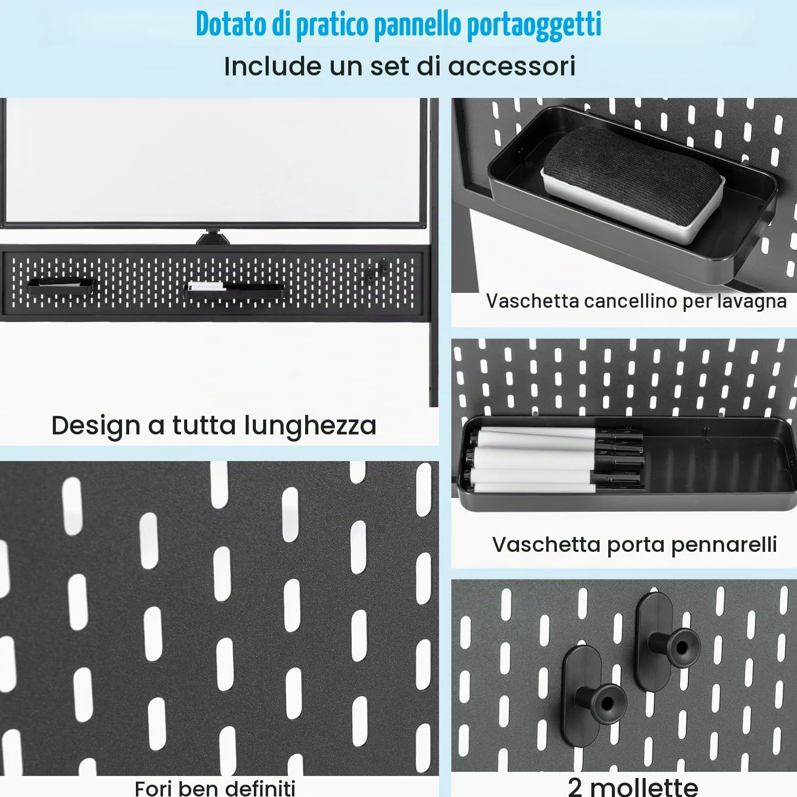 GIANTEX Lavagna bianca mobile double face, 120 x 90 cm, lavagna magnetica su gambe regolabile in 2 altezza, telaio in metallo, pannello perforato, 12 magneti, lavagna bianca rotella, nero
