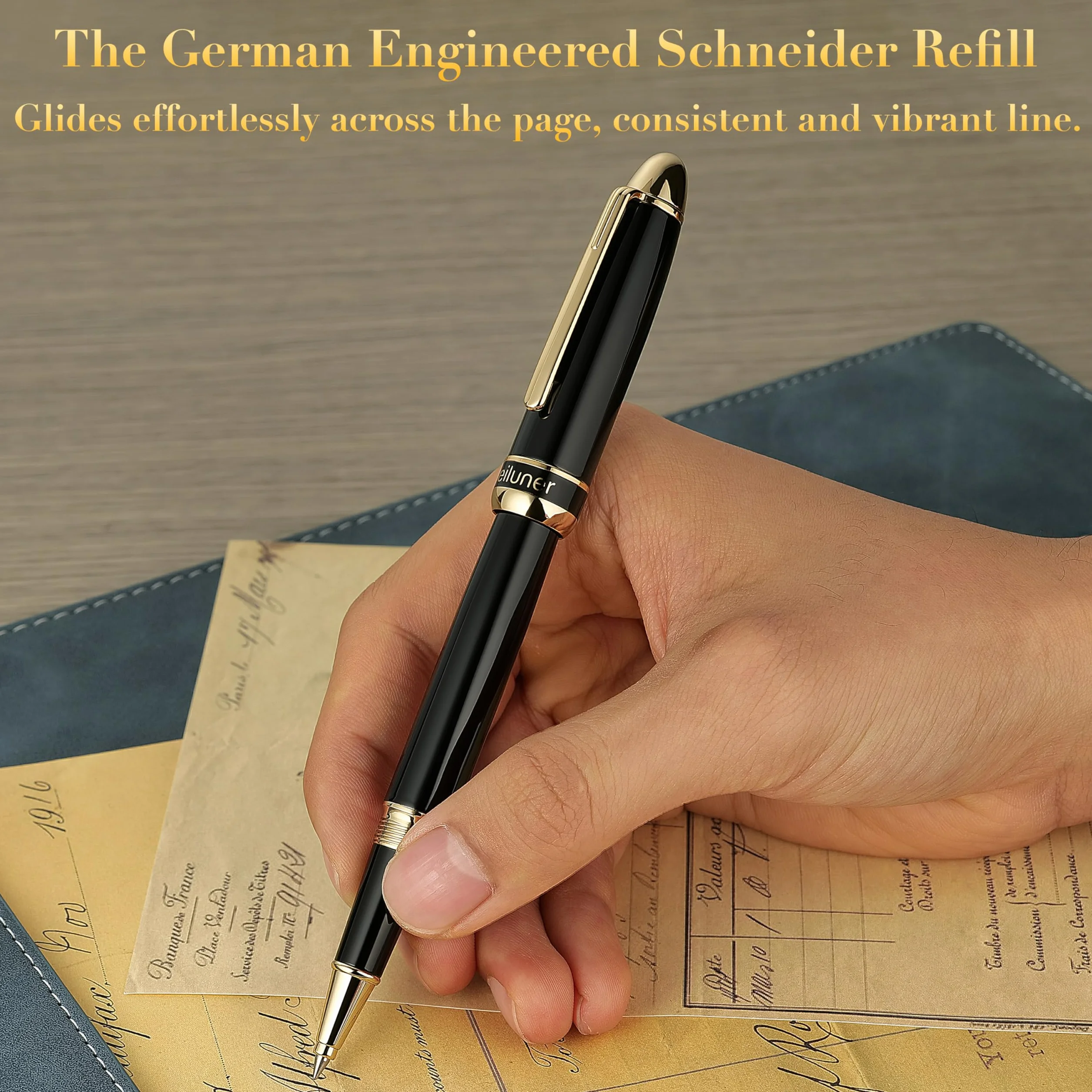 BEILUNER 315 Penna Rollerball di Lusso, Finitura Oro 24K Premium e Laccatura Piano Elegante, Set Regalo Dirigenziale per Professionisti e Laureati, Penna da Ufficio di Prestigio - Nero & Oro
