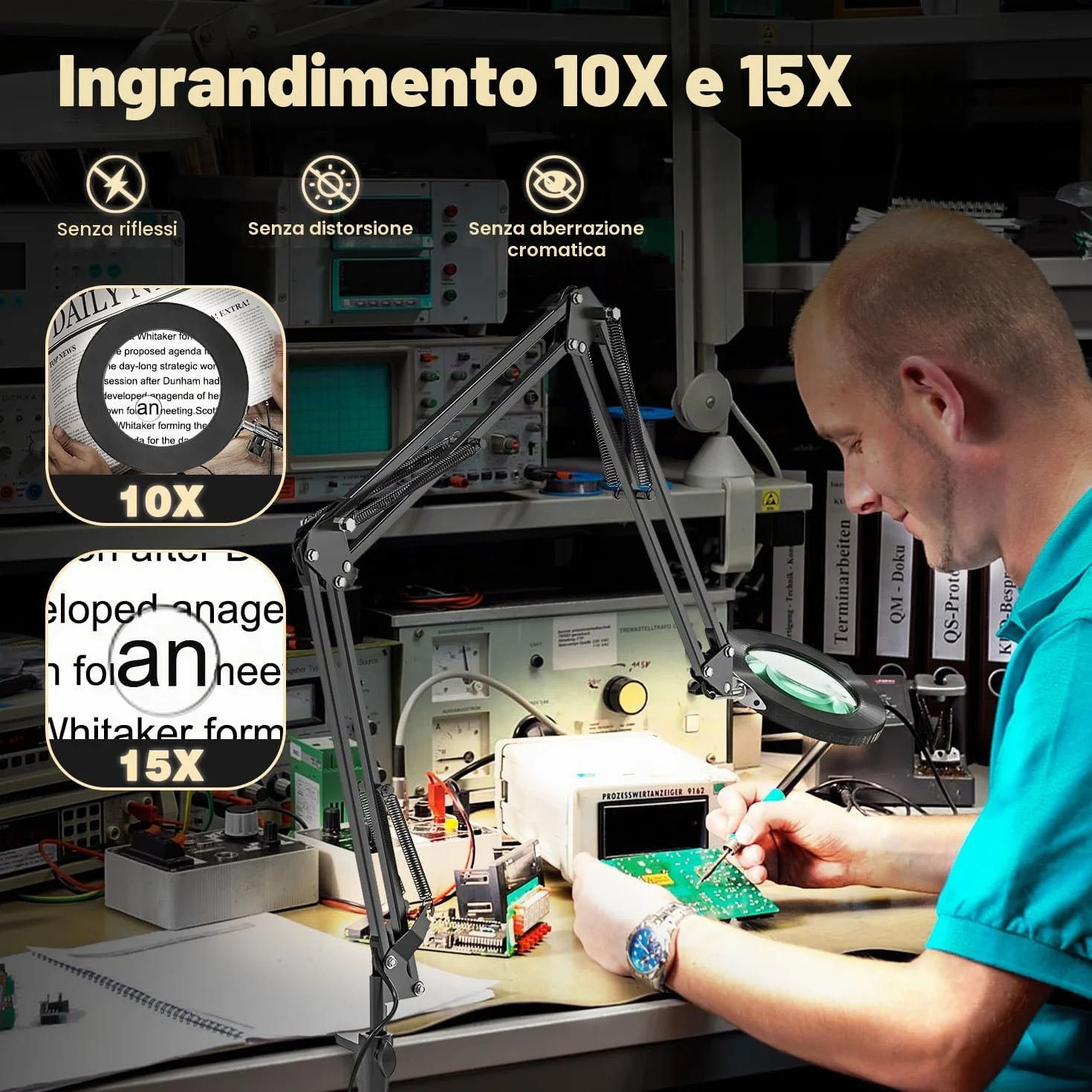 Lampada con Lente d'Ingrandimento, 10X 15X Lente d'ingrandimento con Luce e Supporto con 3 Braccio Orientabile, Lampada da Tavolo con 72 LED Dimmerabili per Lettura, Riparazione, Lavoro Manuale
