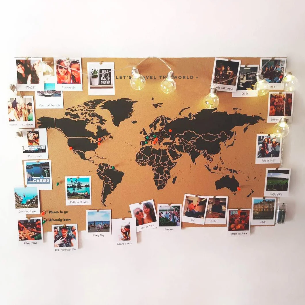 Miss Wood Map XL, Mappa del mondo di Sughero, 60 x 90 cm, Naturale/Nero