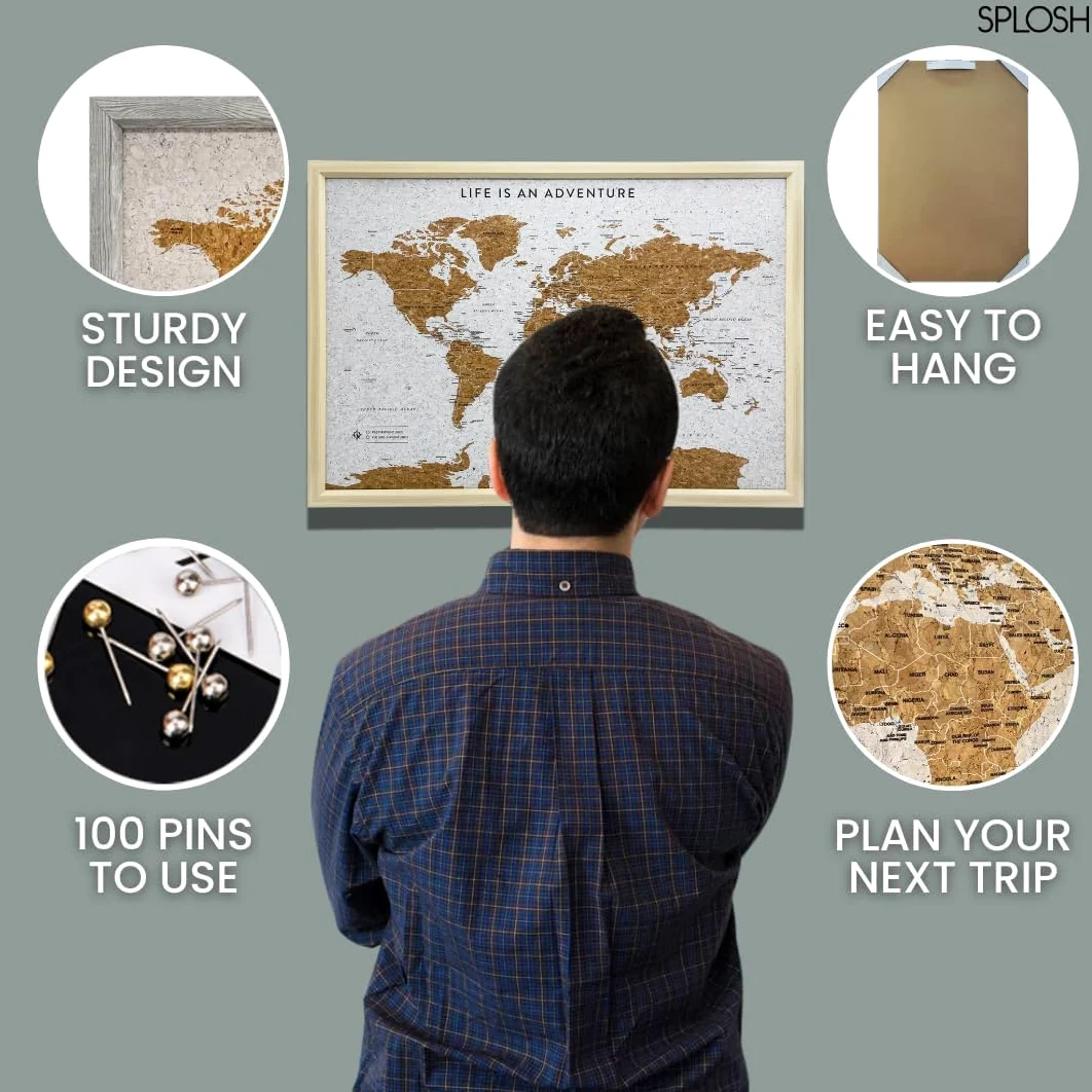 Splosh Medium World Maps. Pin Board Wooden Map. Travel Map Cork Board Map Pin Board. Wooden Board World Map, Corkboard Map Travel Gift, World Map Pin Board. (White)