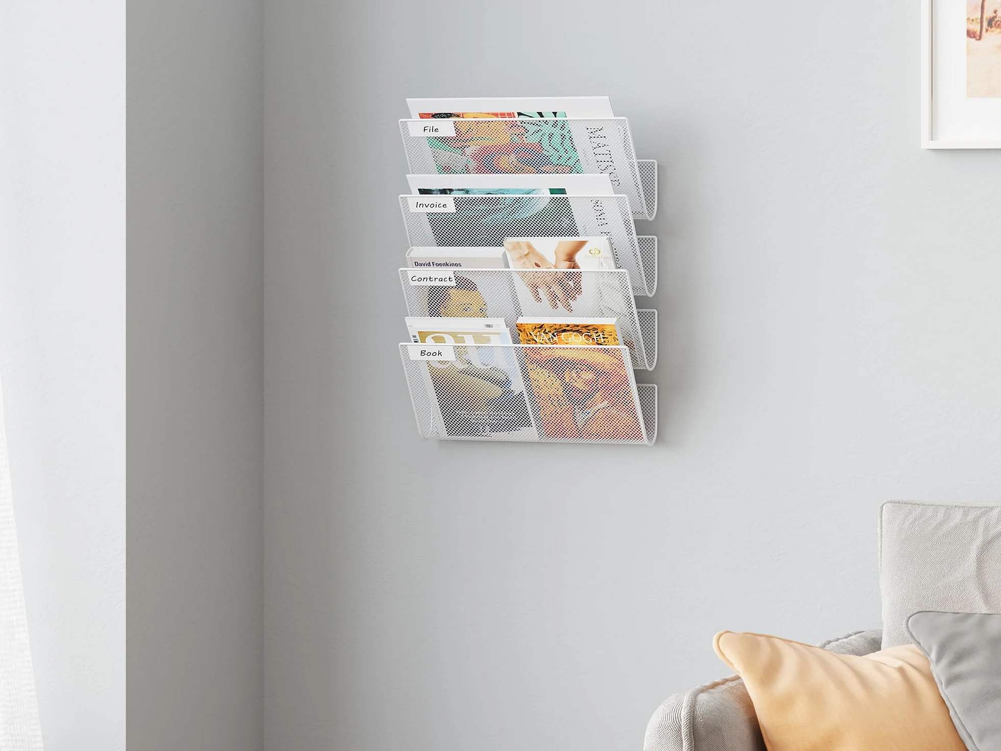 EasyPAG Portadocumenti a Parete A4 4 Compartimenti Metallo Rete,Portariviste a Muro,Organizzatore Posta da Muro,Porta Lettere da Appendere per Ufficio & Casa,Bianco