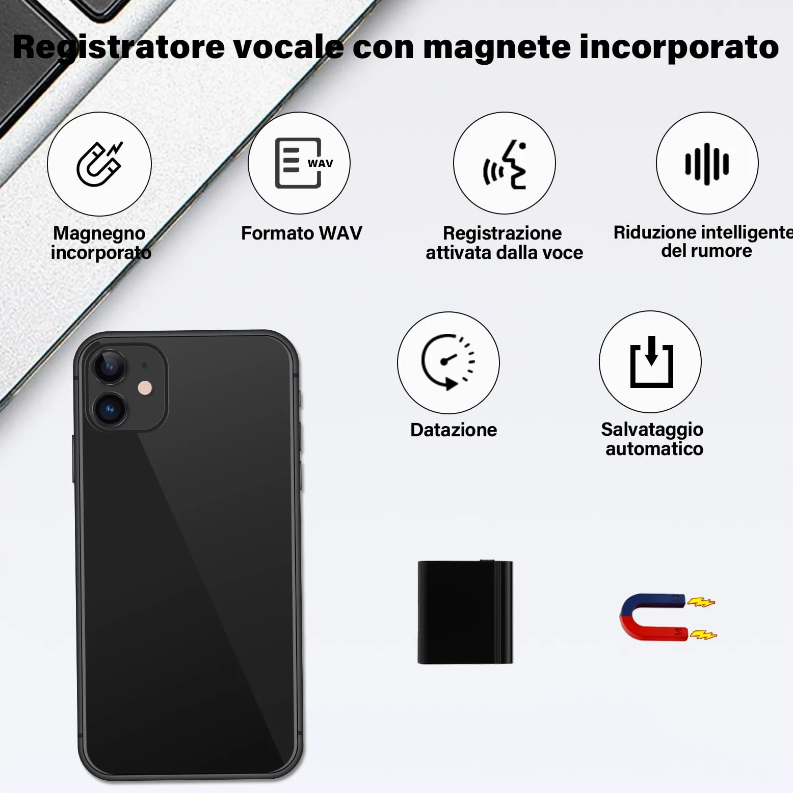 64G Mini registratore magnetico ad attivazione vocale, micro dispositivi di registrazione digitale piccolo registratore audio registratore audio