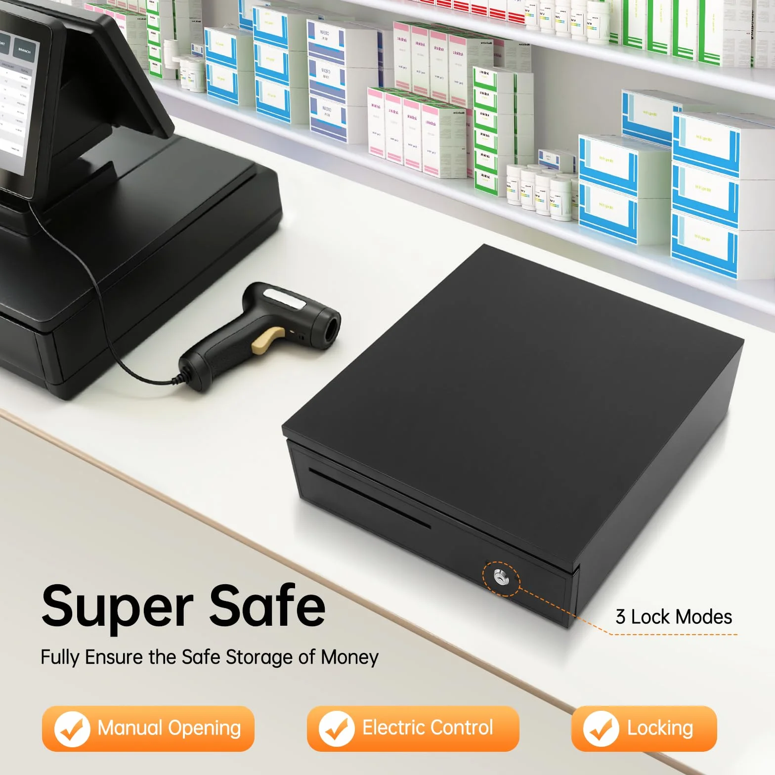 Cassetta per banconote con serratura, scomparto portamonete, 42,5 x 40,5 x 10 cm, 5 scomparti per banconote e 8 scomparti per monete con inserto, RJ11, chiavi, per registratore di cassa POS