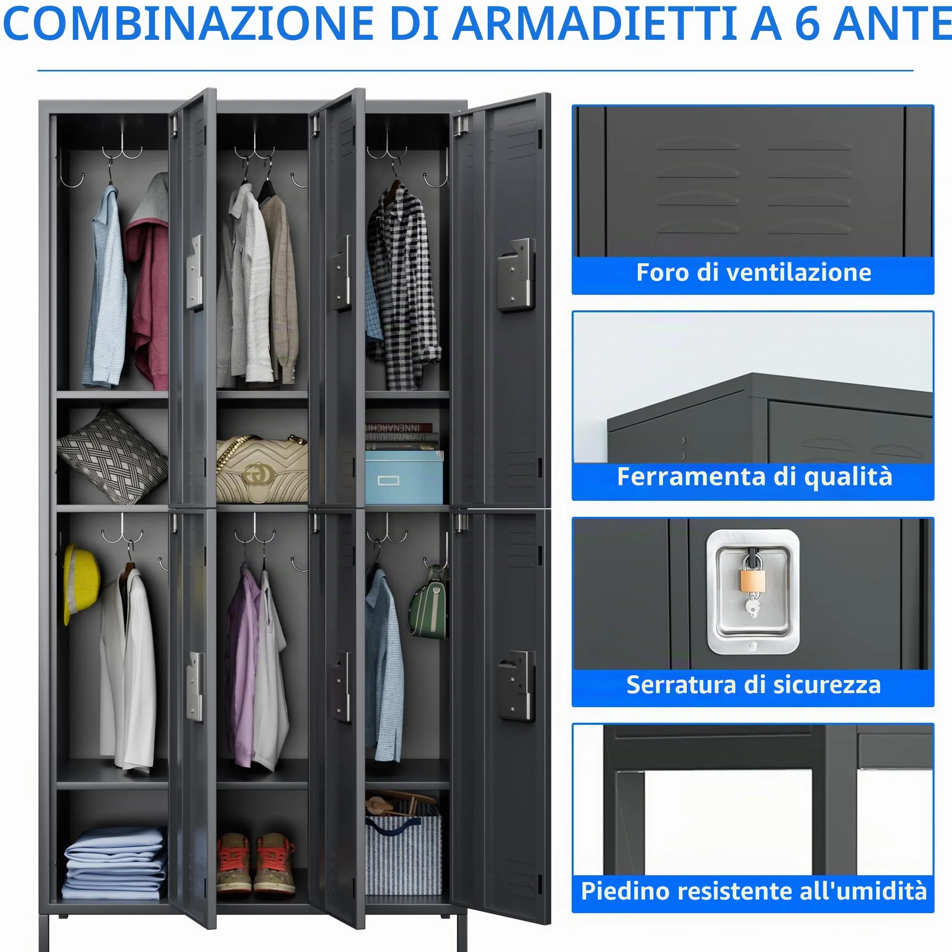 SUPEER Armadietto in metallo con 6 scomparti, armadio in metallo con fessure di ventilazione per dipendenti, palestra, scuola, ufficio (Grigio scuro)