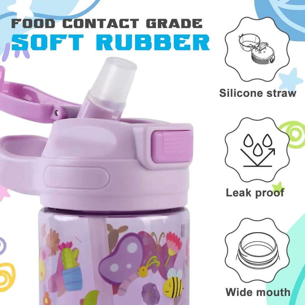 Borraccia Bambini 400ml Robusta Infrangibile Senza BPA One-Touch con Cannuccia Farfalla