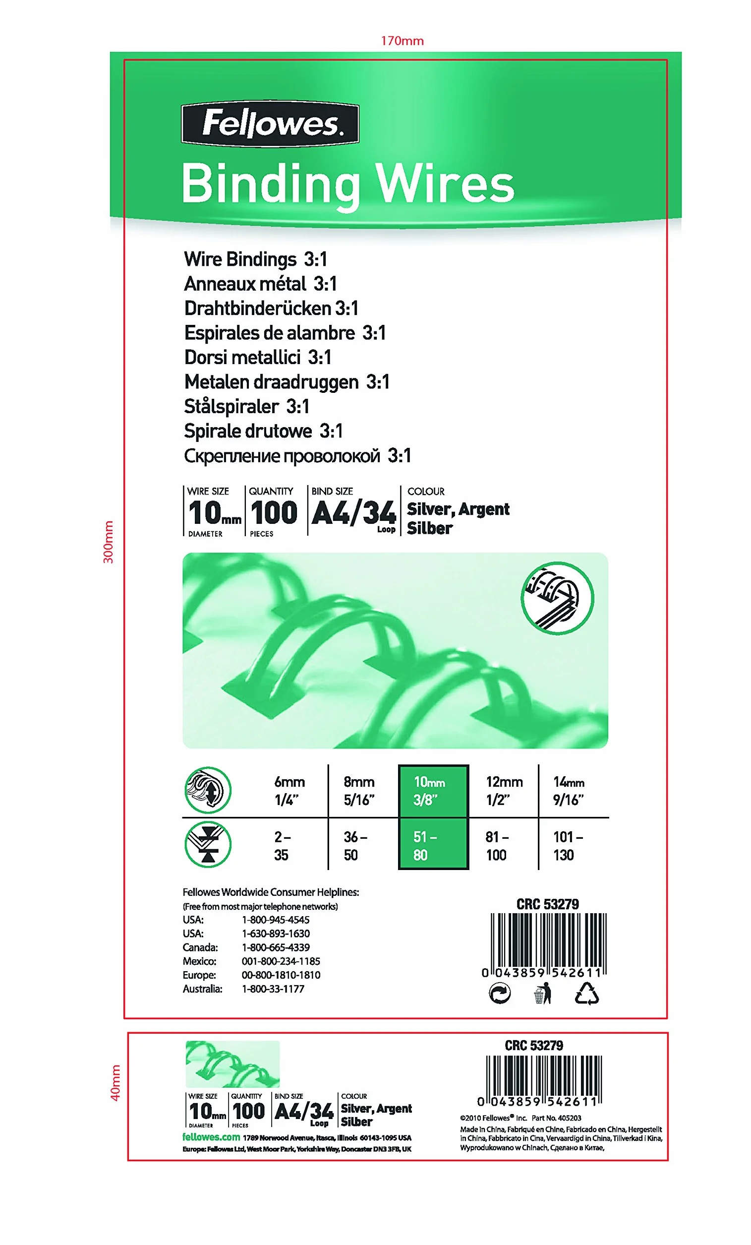 Fellowes 5327901 Dorsi Metallici per Rilegatura, 34 Fori, Passo 3:1, 10 mm, Confezione da 100 Pezzi, Silver