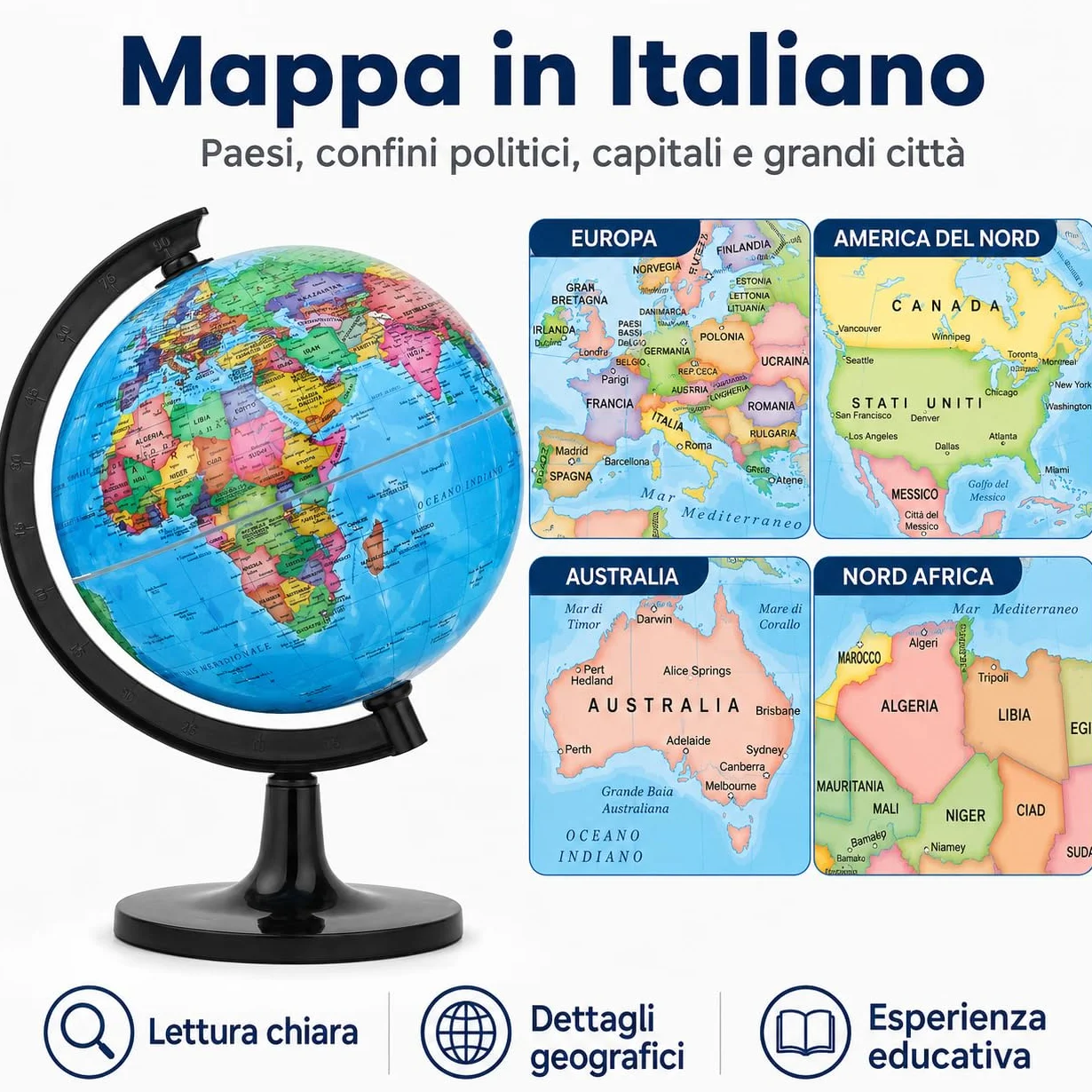 Mappamondo 14 cm Mappa Italiana Base Nera Exerz