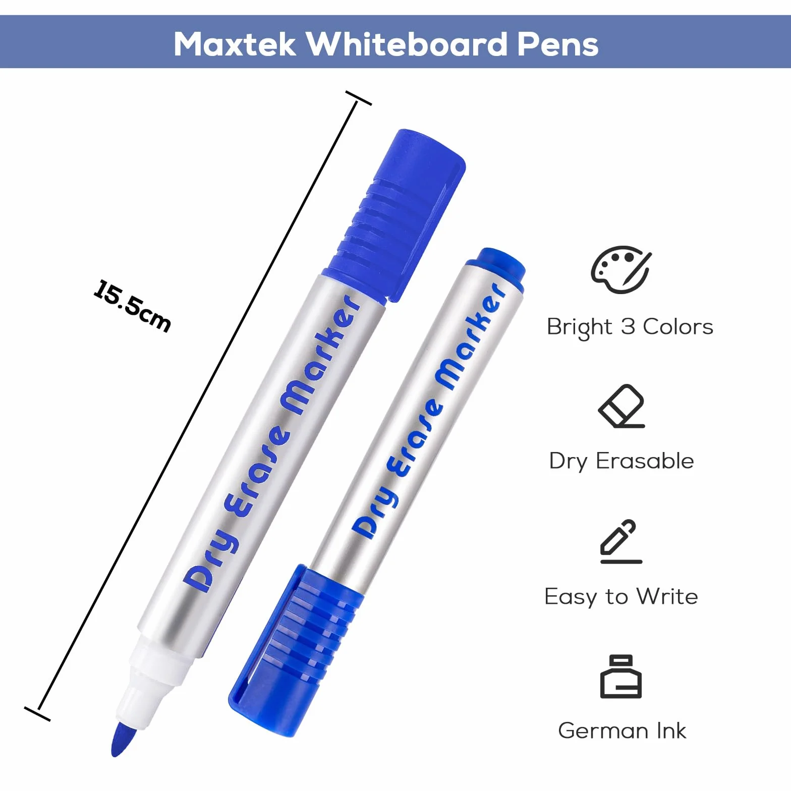 maxtek Pennarelli Lavagna Bianca Cancellabile Punta rotonda 2-3mm 3 colori inchiostro a basso odore