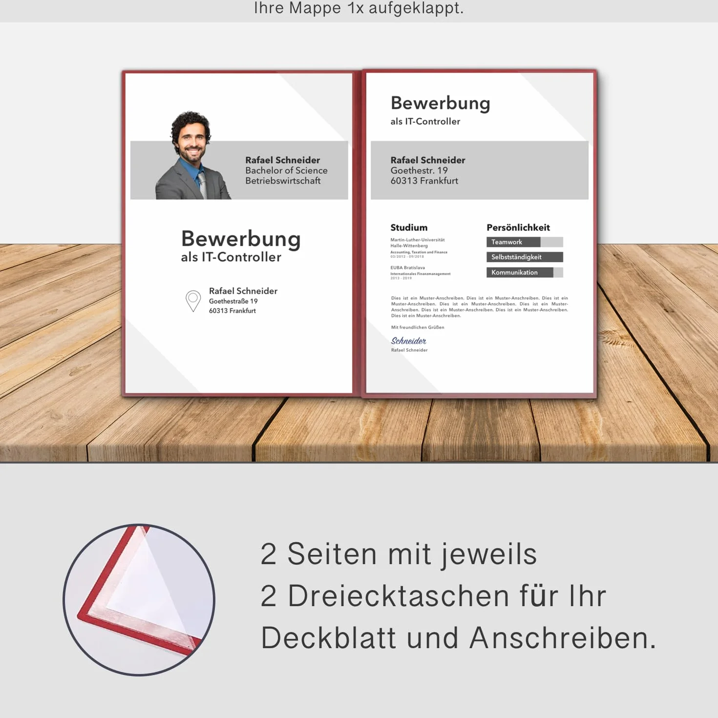 5 cartelline per candidature BL-exclusivdruck® MEGA plus in rosso rubino – qualità premium con elegante rilievo goffrato 'Bewerbung' – design del prodotto di Mario Lemani