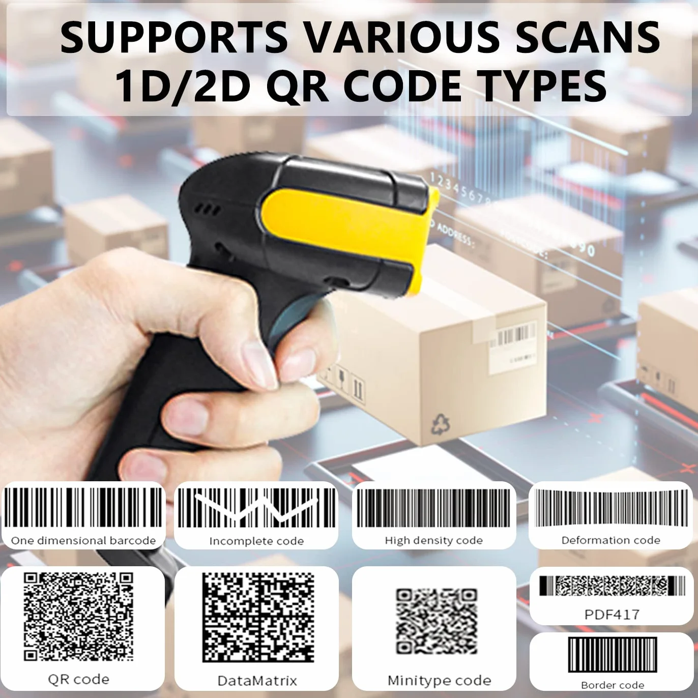 LENVII Lettore Codice a Barre 2D Cablato,Lettore Codici Barcode Scanner 1D/2D/QR Code Lettore(PDF417,Data Matrix) di scansione dello schermo di supporto（Giallo）