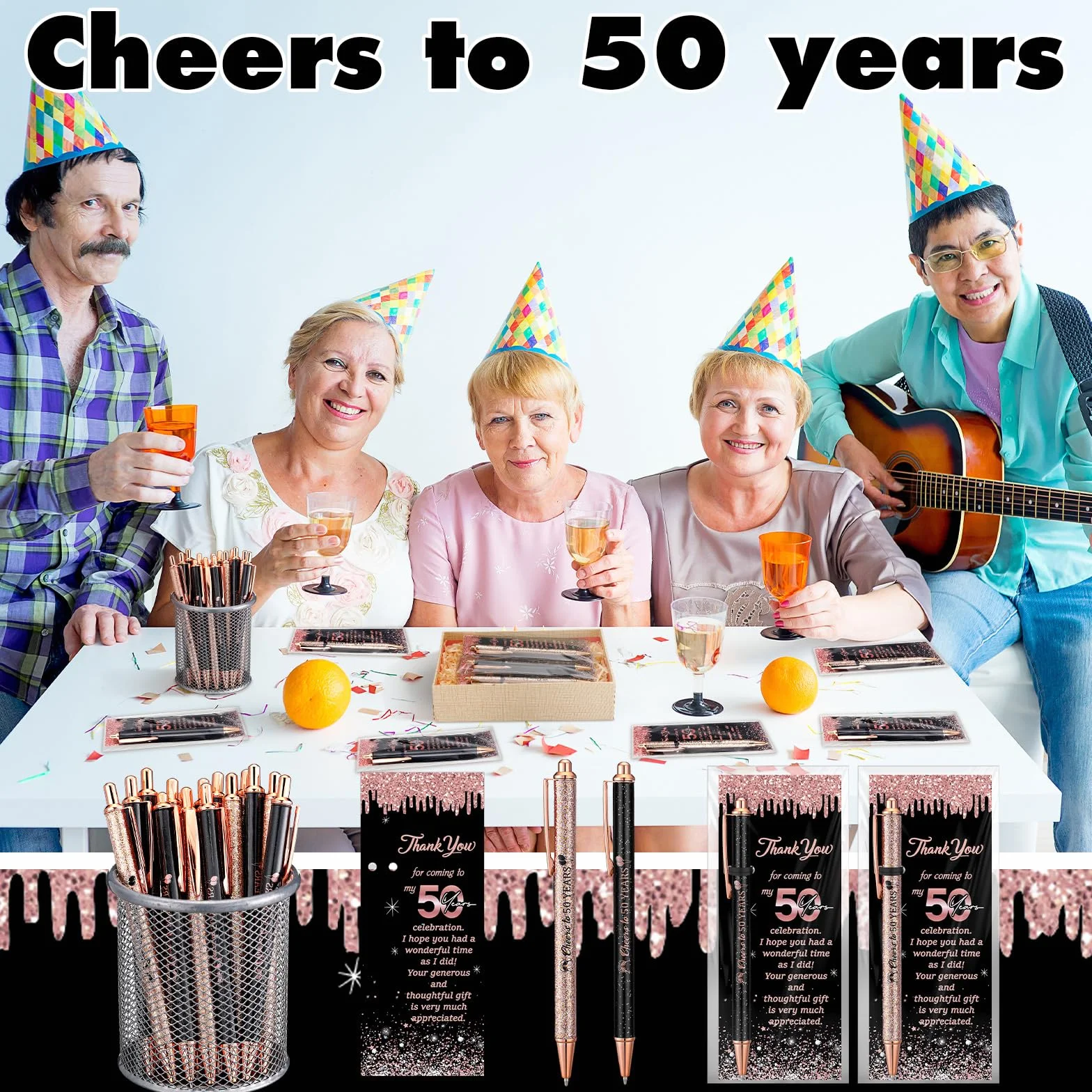 Sayglossy 30 Set di Forniture per il 50° Compleanno per gli Ospiti Include 30 Penne a Sfera con 30 Biglietti di Ringraziamento 50 Sacchetti OPP e 50 Nastri a Torsione per Ufficio, Favori di Compleanno