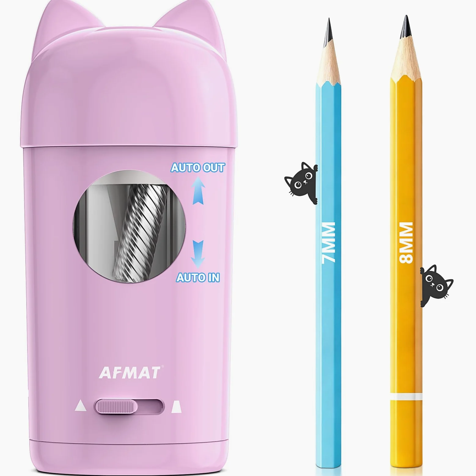 AFMAT Temperamatite automatico, ricaricabile elettrico, con orecchie di gatto, per matite da 7-8 mm, ideale per il rientro a scuola, temperamatite portatile per bambini, con contenitore, per scuola e