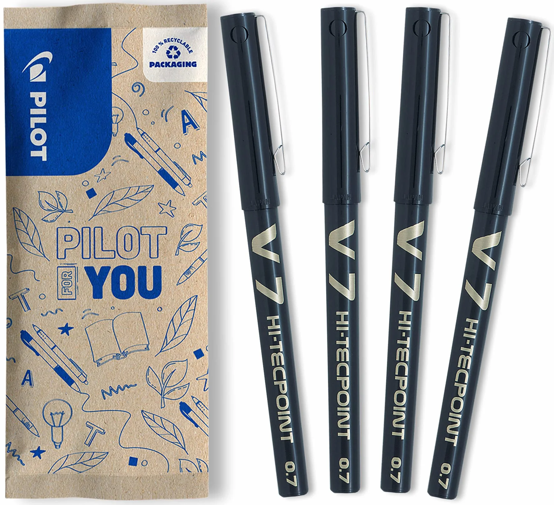 PILOT Set di 4 V7 Penna roller Inchiostro liquido Punta Fine 0,7 mm Nero Asciugatura rapida