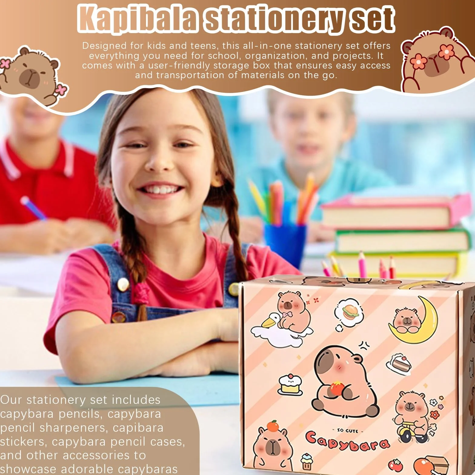 Set di Cancelleria Capibara, Forniture per Ufficio e Scuola Astuccio Capibara con Accessori Penne Cancellabili,Segnalibri Block Notes Adesivi Badge Regalo per Ufficio Scuola Studenti Bambini