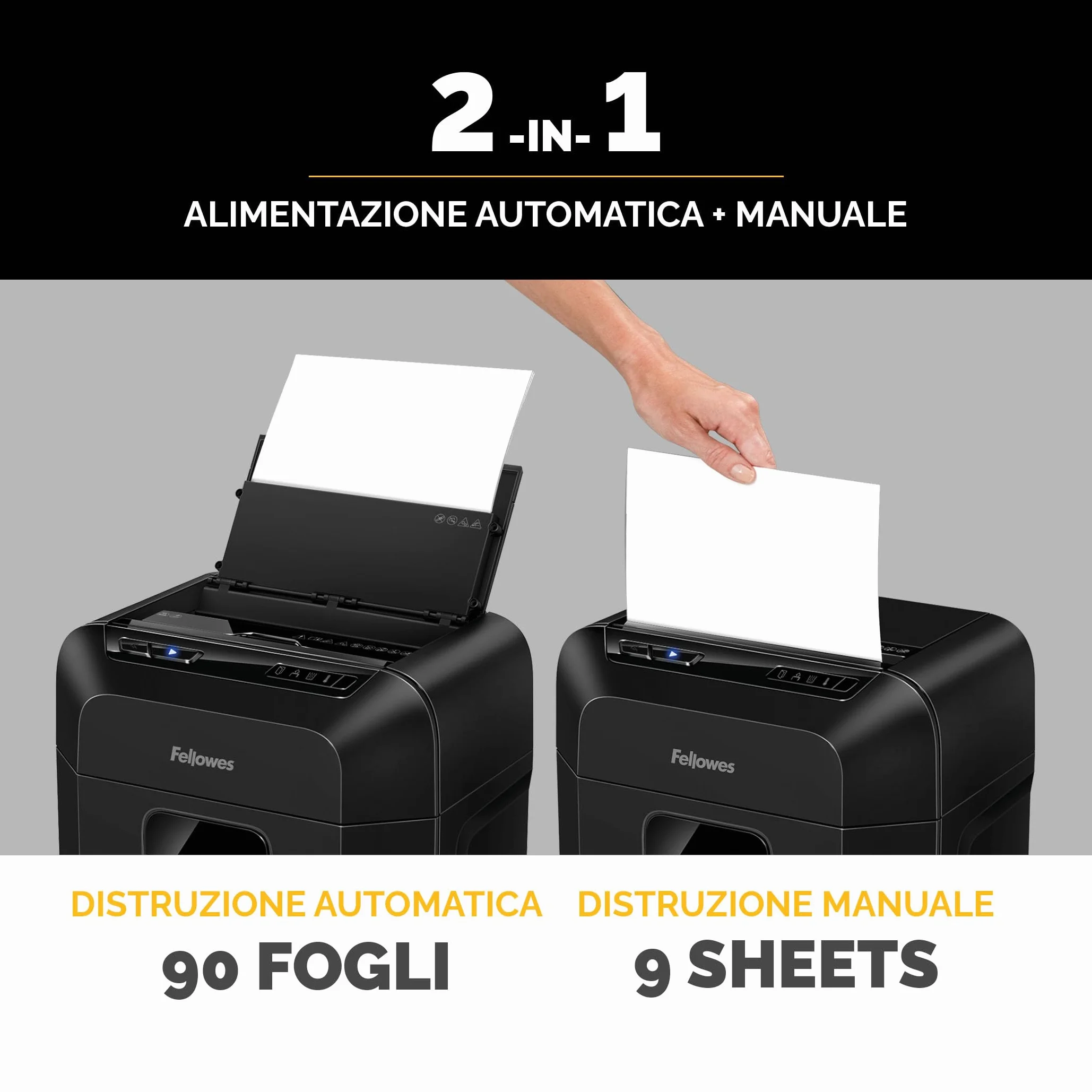 Fellowes Distruggi documenti AutoMax 90M a miniframmento, 90 fogli in modalità automatica, 9 fogli manuale, per casa e piccolo ufficio, cestino da 17 litri, modalità riposo, sicurezza P4, nero