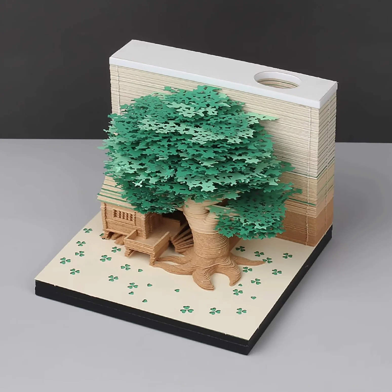 Blocco note 3D, non incollato, arte su carta 3D con scatola display trasparente, 9 x 9 x 6 cm, 260 fogli, centrotavola con modello di carta, casa sull'albero (Casa sull'albero verde)