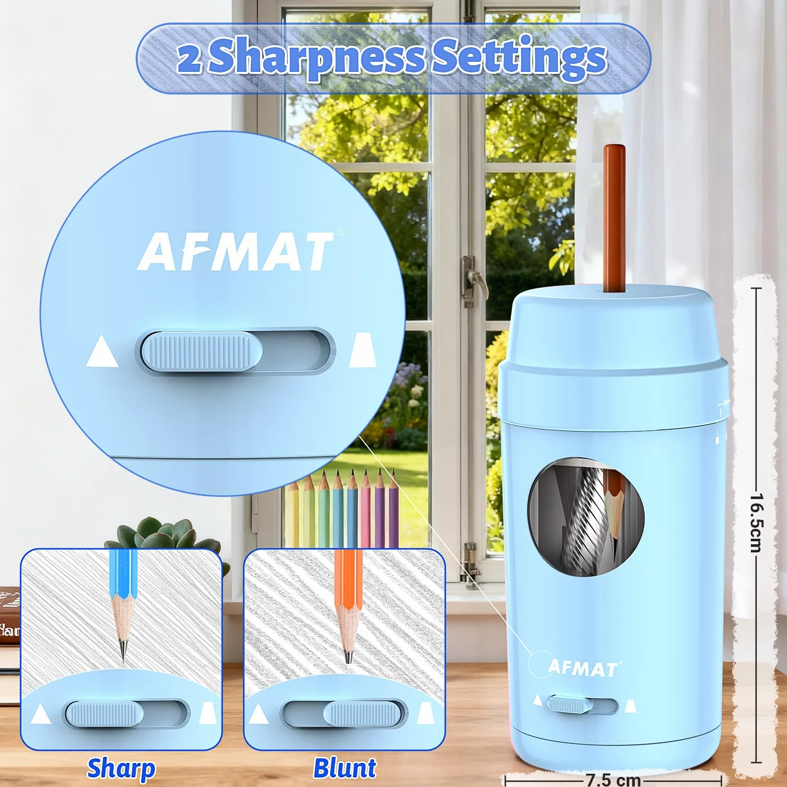 AFMAT Temperamatite elettrico completamente automatico, ricaricabile, con contenitore per matite sottili da 7-8 mm, auto in e out, temperamatite elettrico per casa, ufficio, scuola, blu, PSX8