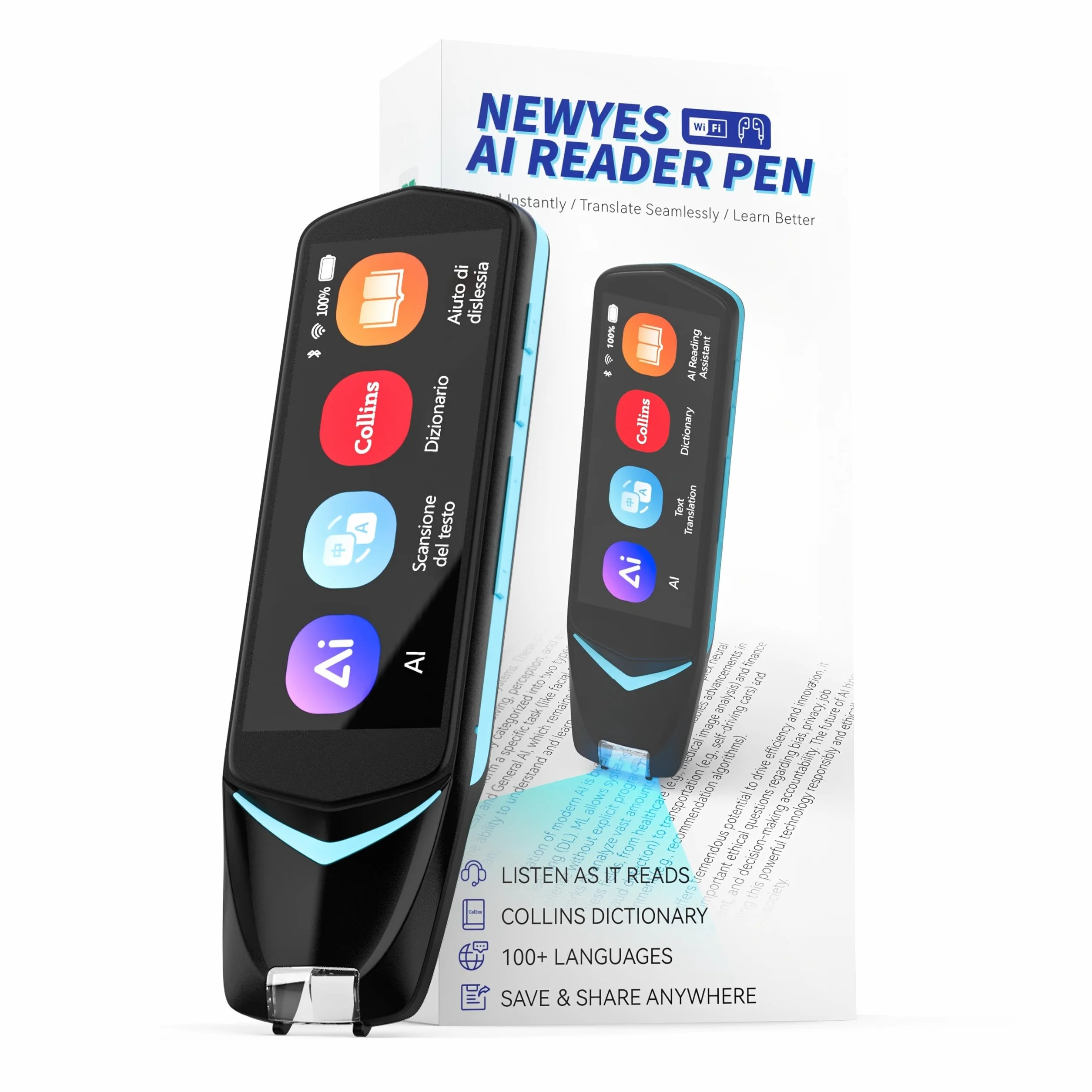 NEWYES Penna Scanner,Penna Lettura e Traduttore con touch screen da 3,99inch, penna per apprendimento con registrazione intelligente, penna per lettura scanner OCR per viaggiatori e uomini d'affari