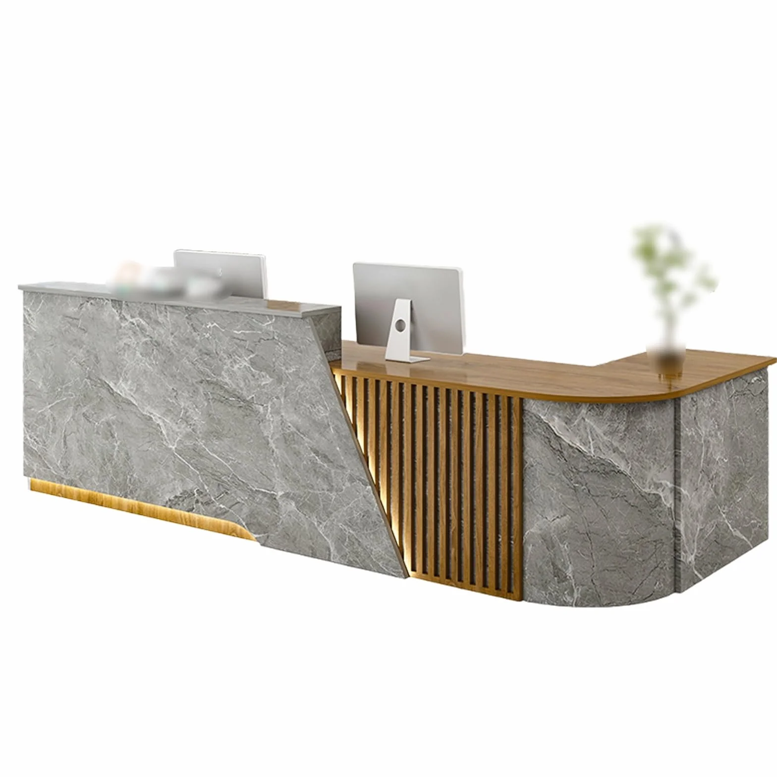 Banco Reception A L Con Ripiano Per Tastiera, Cassetto Con Serratura, Luce LED, Griglia In Legno Massello, Adatto Per Negozi Di Abbigliamento, Hall(Gray,RIGHT_180X60X100CM)