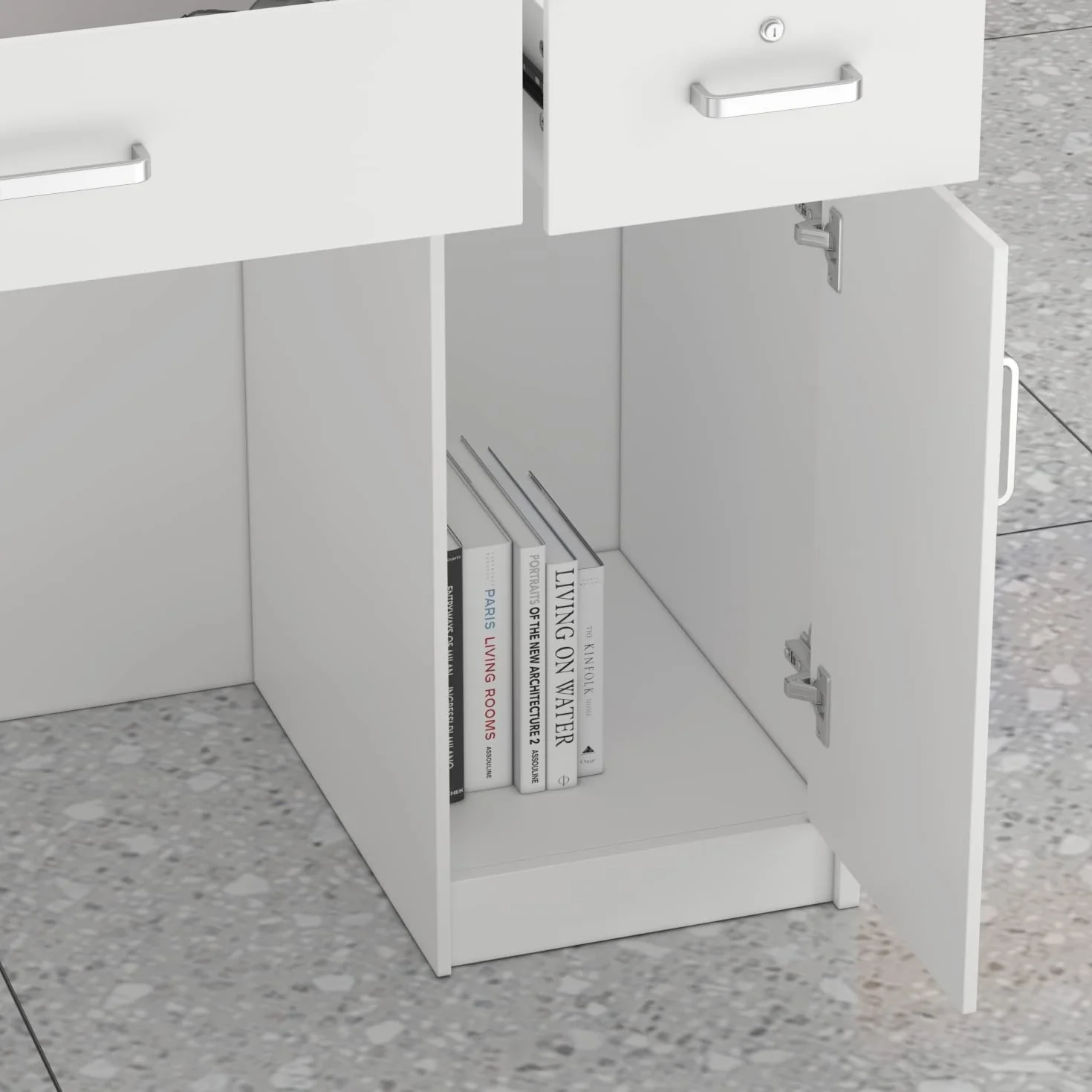 Banco reception, tavolo bancone per ufficio con 3 cassetti, disponibile, schermo privacy, bianco, MDF, maniglia in metallo, 110 x 120 x 48 cm