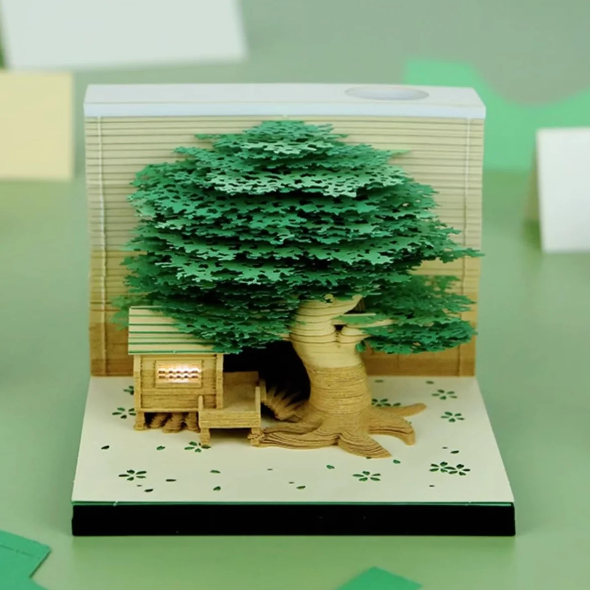 Blocco note 3D, non incollato, arte su carta 3D con scatola display trasparente, 9 x 9 x 6 cm, 260 fogli, centrotavola con modello di carta, casa sull'albero (Casa sull'albero verde)