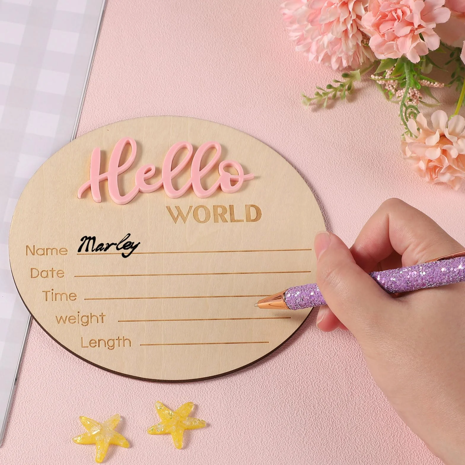 Cartello Annuncio Bambino in Legno 15cm Hello World Carte Milestone Neonato Rosa Chiaro
