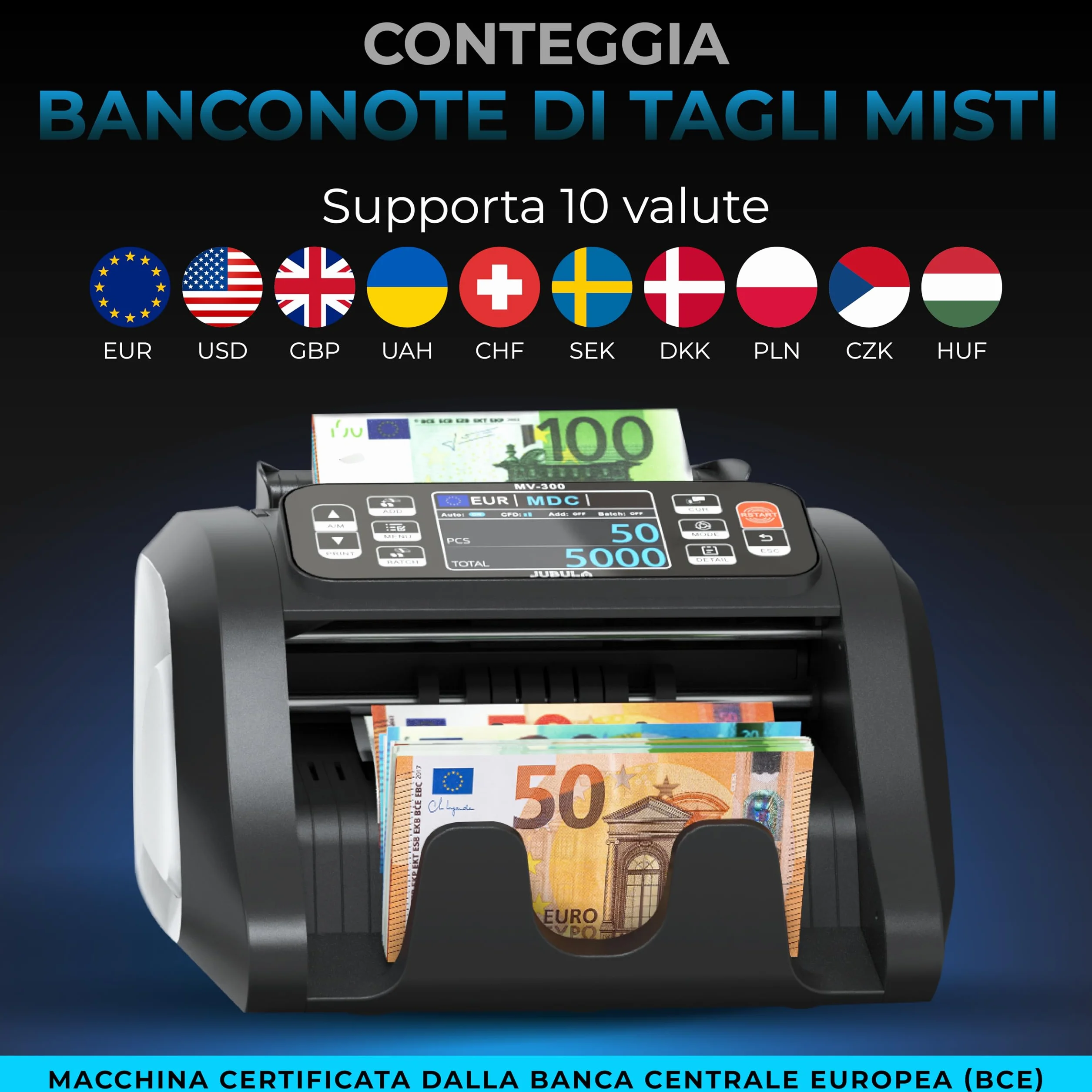 MV-300 Macchina conta banconote professionale a denominazione mista | EUR, USD, GBP | Verifica banconote | Macchina conta soldi | Contabanconote professionale miste | Contasoldi