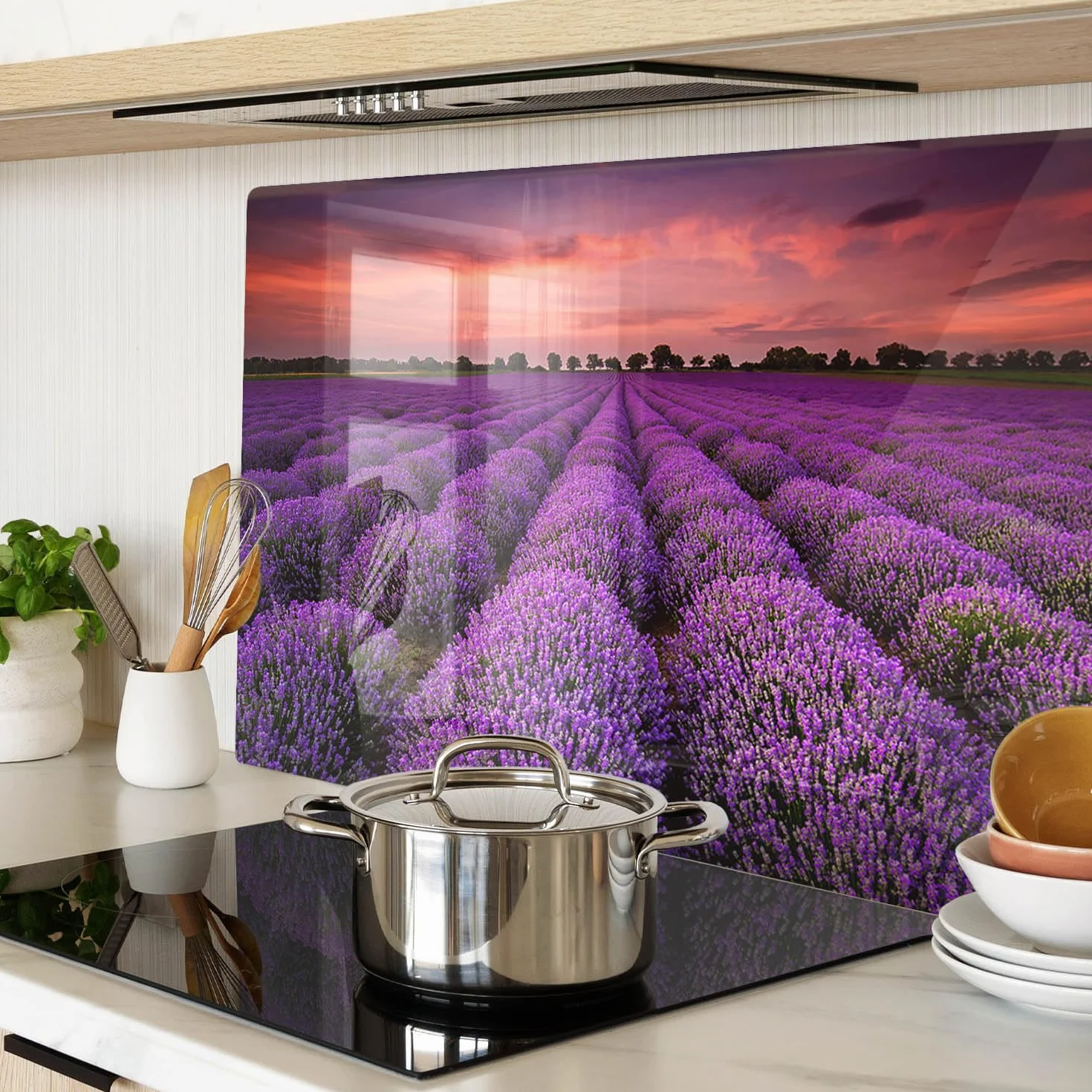 Tagliere in Vetro Protezione 80x52 cm Durevole e Igienico Antigraffio Facile da Pulire con Piedini Antiscivolo Rettangolare Resistente al Calore da Cucina con Stampe - Campo di lavanda