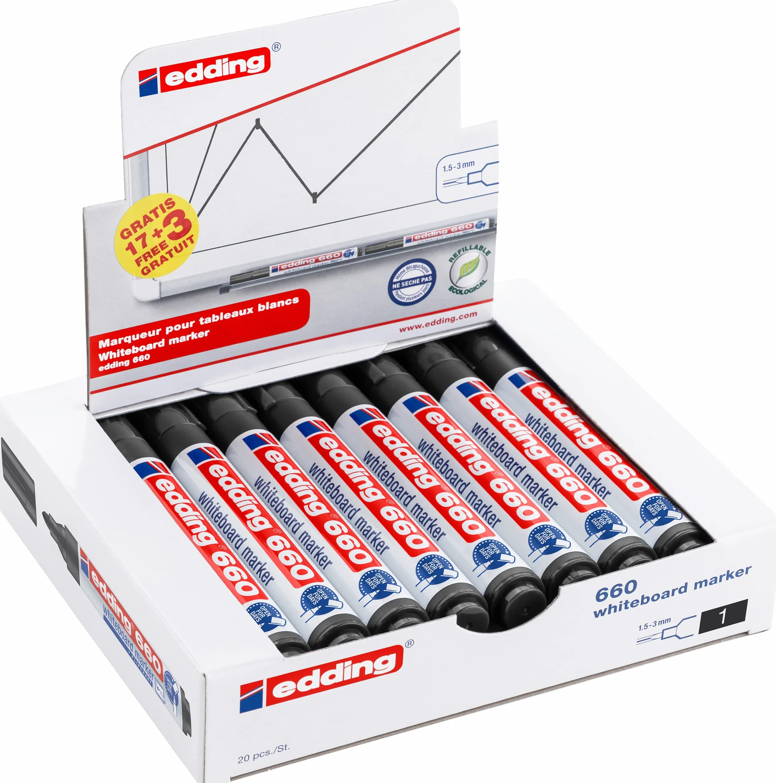 Edding 660 Pennarello per lavagna bianca 20 pezzi punta tonda 1,5-3 mm cancellabile ricaricabile