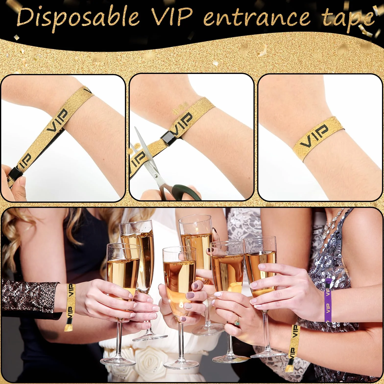Braccialetti in tessuto VIP nero oro regolabile antistrappo per eventi feste concerti