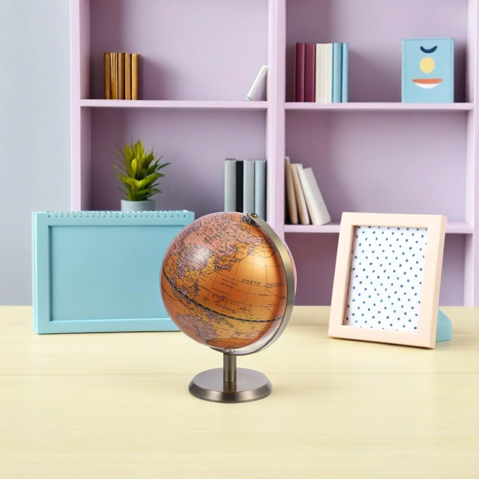 Mappamondo da Scrivania Decorativo in ABS e Metallo 14 CM con Etichette in Inglese Globo per Ufficio e Aula Scolastica Ornamento Educativo per Studio e Soggiorno
