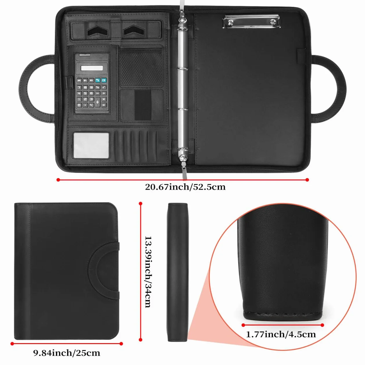 Cartella Portadocumenti A4 Zipper in Pelle con Manici Magnetici Pieghevoli, 2 Scomparti, Supporto Tablet, Nero