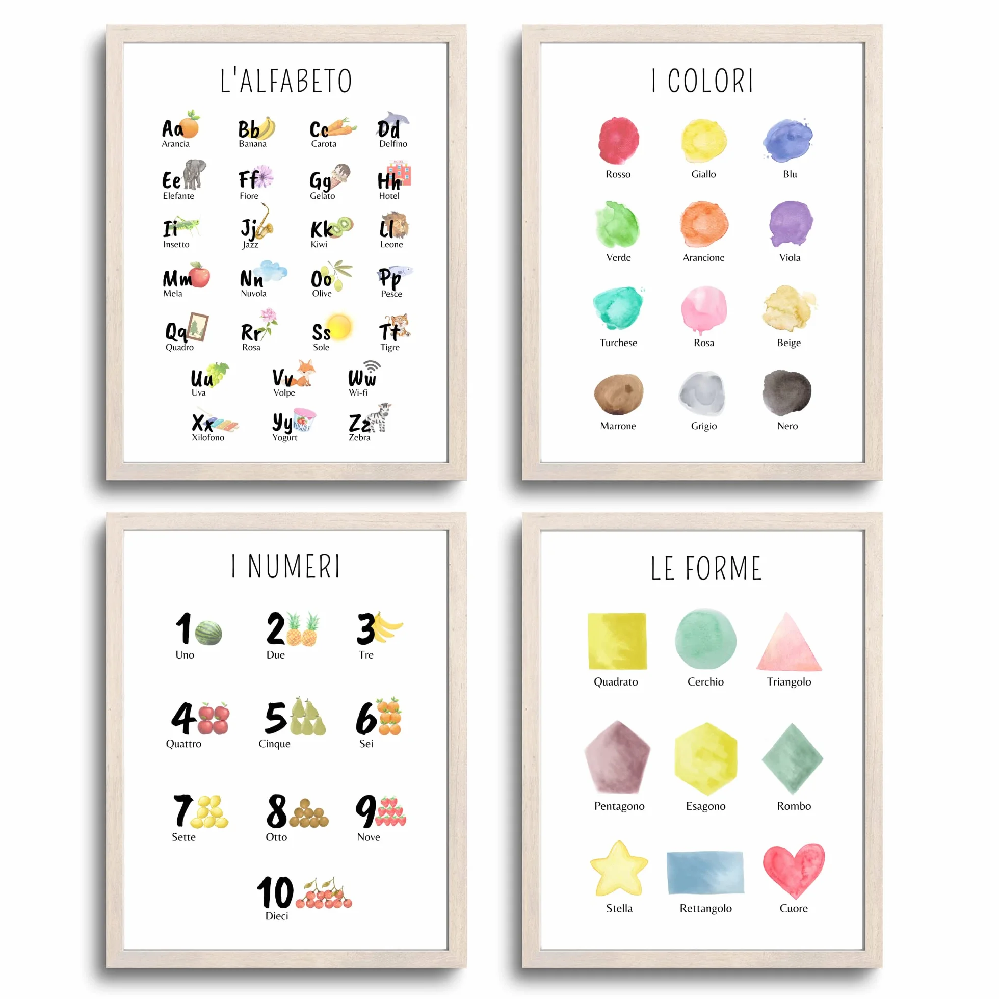 Poster Educativi Alfabeto Numeri Colori Forme per Camera Bambini Decorazione Cameretta Aula Scuola A4