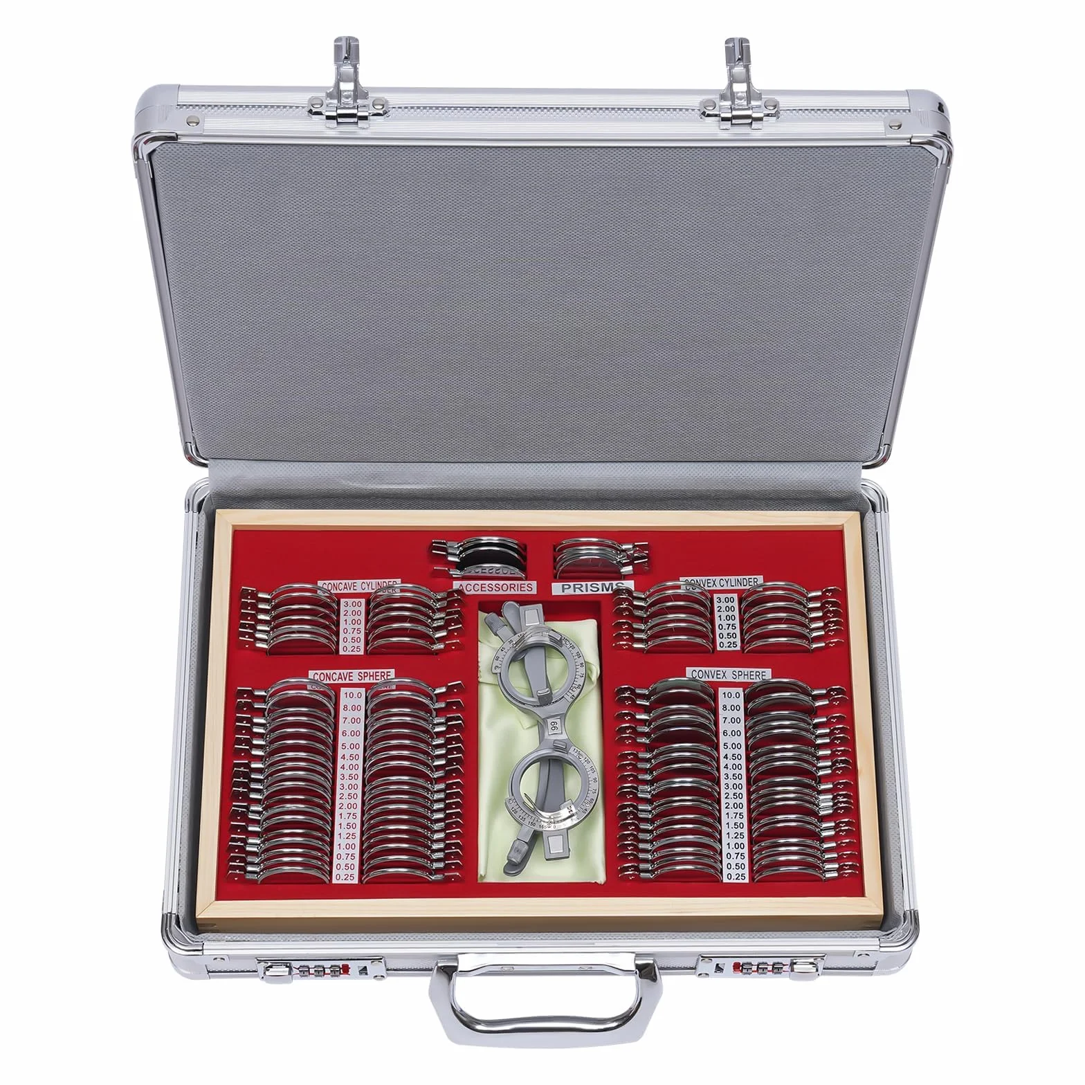 Trial Lens - Set di lenti di prova, 104 pezzi, lenti con occhiali di prova, in metallo, ottometria, lenti di prova, lenti ottiche, con telaio ottometrico e valigetta ottometrica