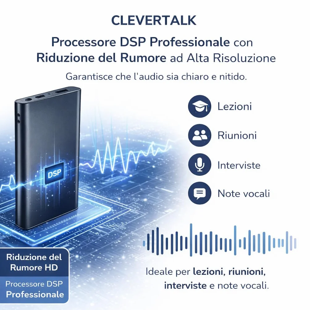 CleverTalk Q1 Registratore Vocale con IA | Attivazione Vocale | App Mobile, Mac, Windows e Web | Cloud Europeo GDPR | 64GB | Audio HD 1536kbps | USB-C