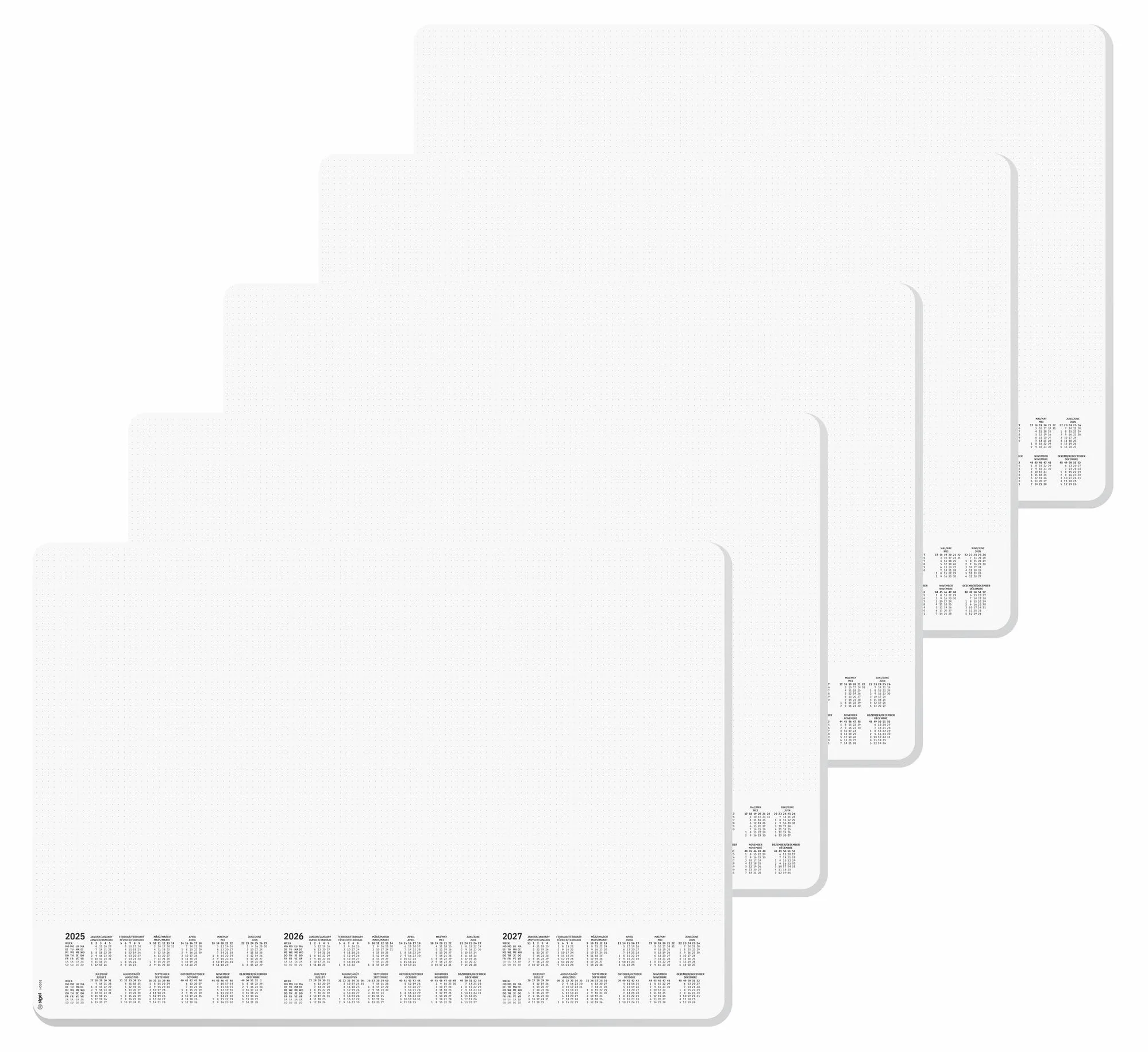 SIGEL HO301/5 - Sottomano in carta ecologica, formato A2, con calendario attuale di 3 anni, angoli arrotondati, qualità vegana, carta resistente, 5 pezzi