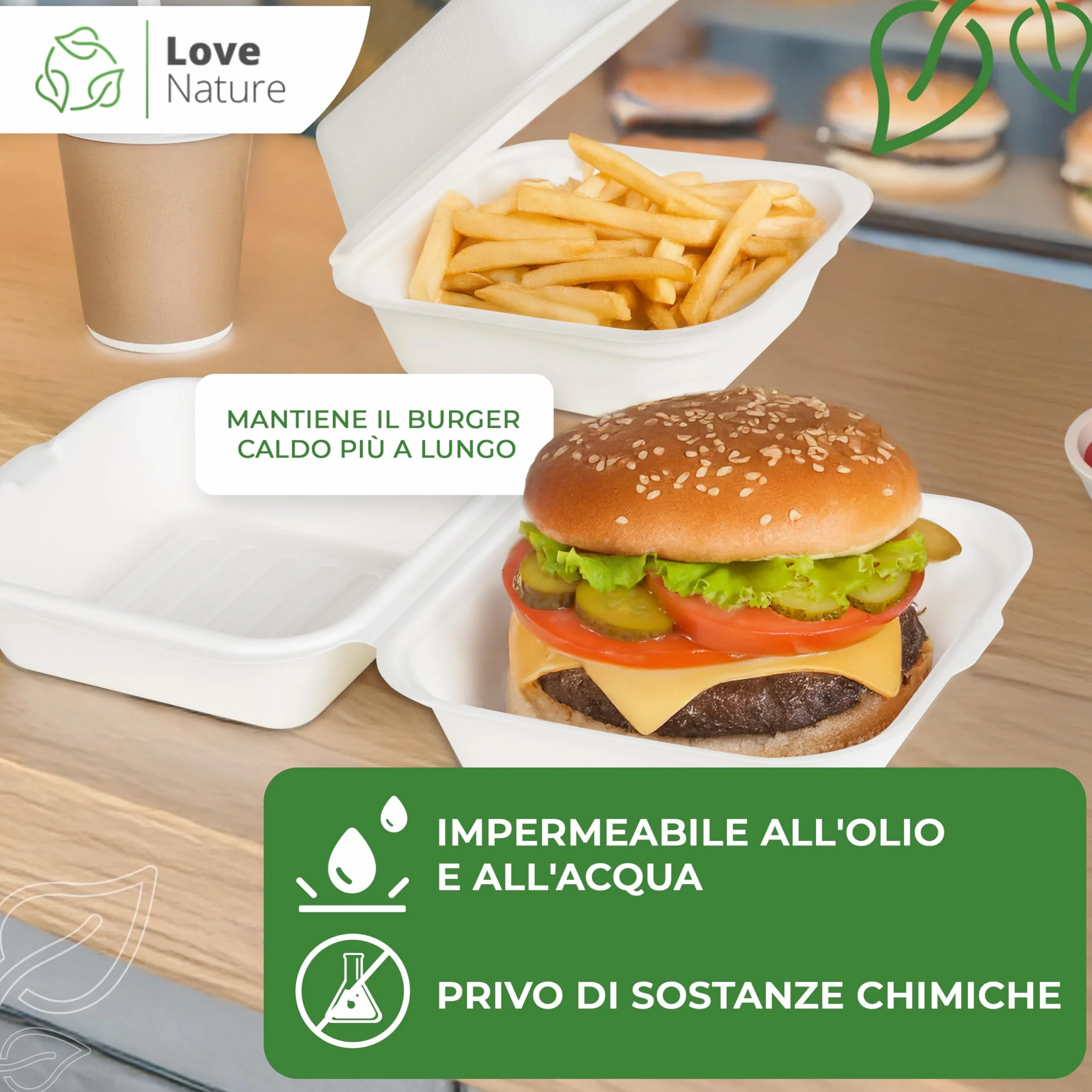 Love Nature Scatole per hamburger ecologiche 50 pezzi - Vassoi monouso in canna da zucchero