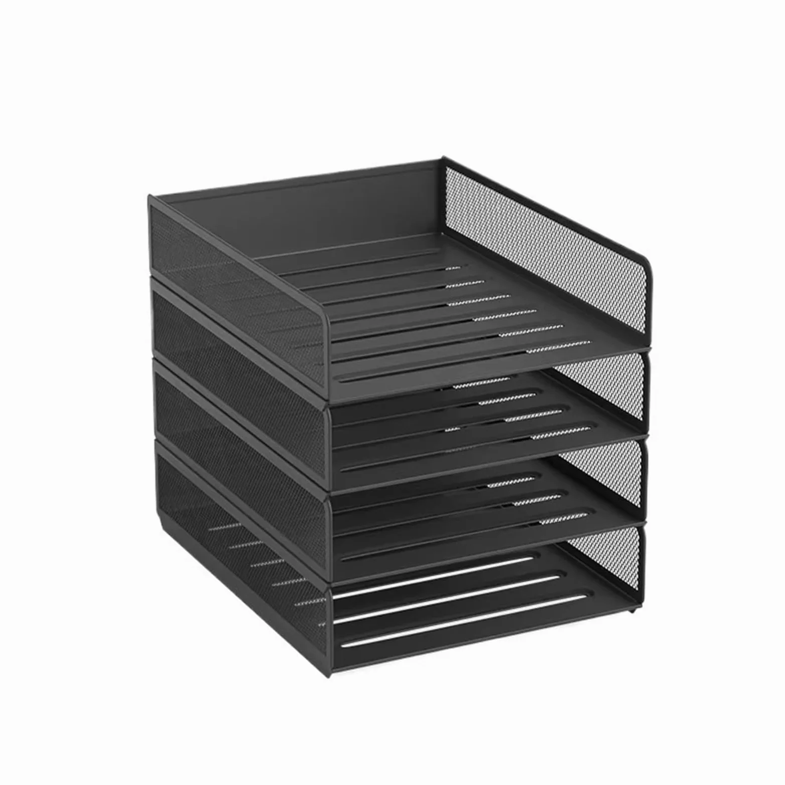 Vassoio Per Lettere Organizzatore Di File Desktop In Metallo | Portadocumenti impilabile, scanalatura cava antiscivolo, rack salvaspazio(4-Tier-Black)