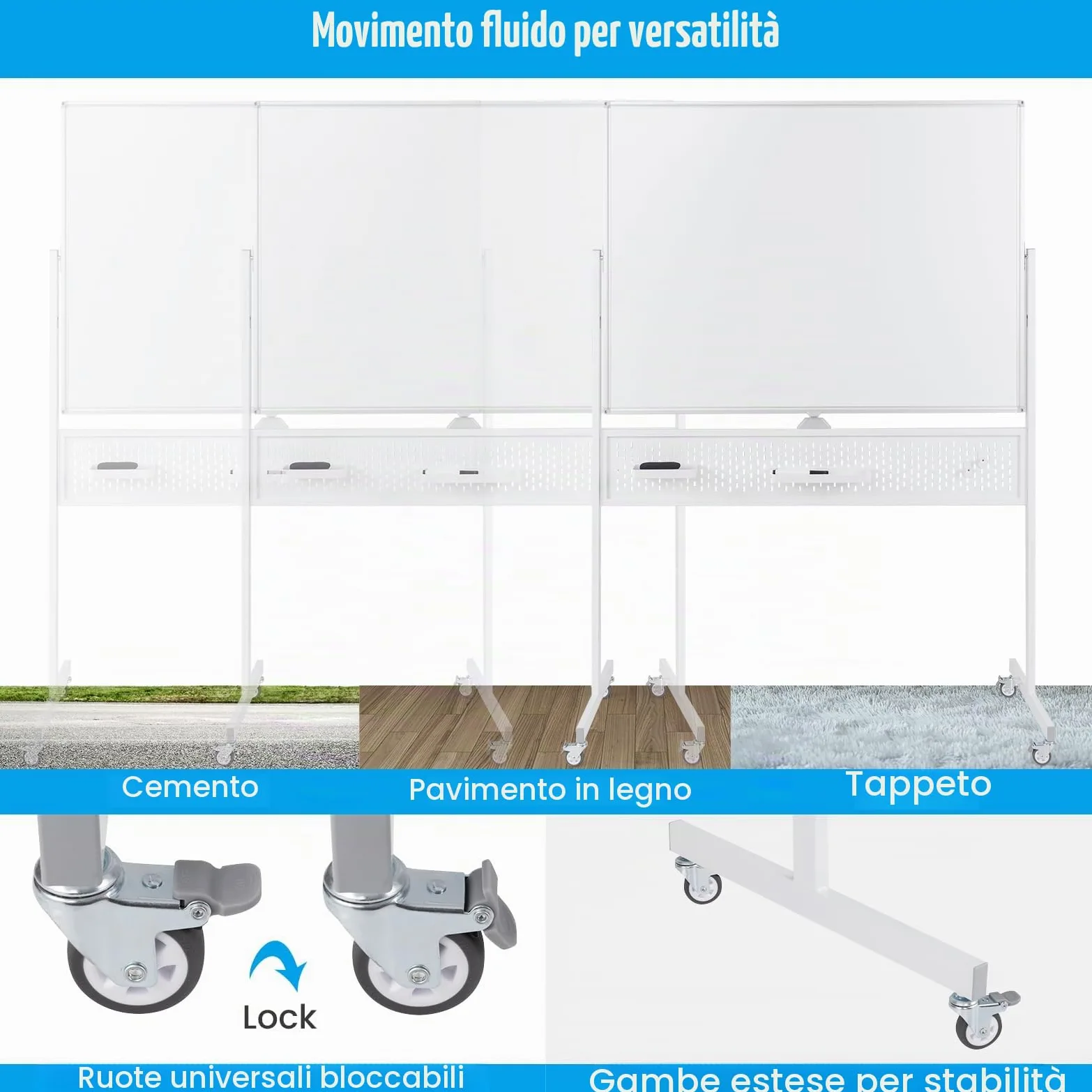 GIANTEX Lavagna bianca mobile double face, 120 x 90 cm, lavagna magnetica su gambe regolabile in 2 altezza, telaio in metallo, pannello perforato, 12 magneti, lavagna bianca rotella, bianco