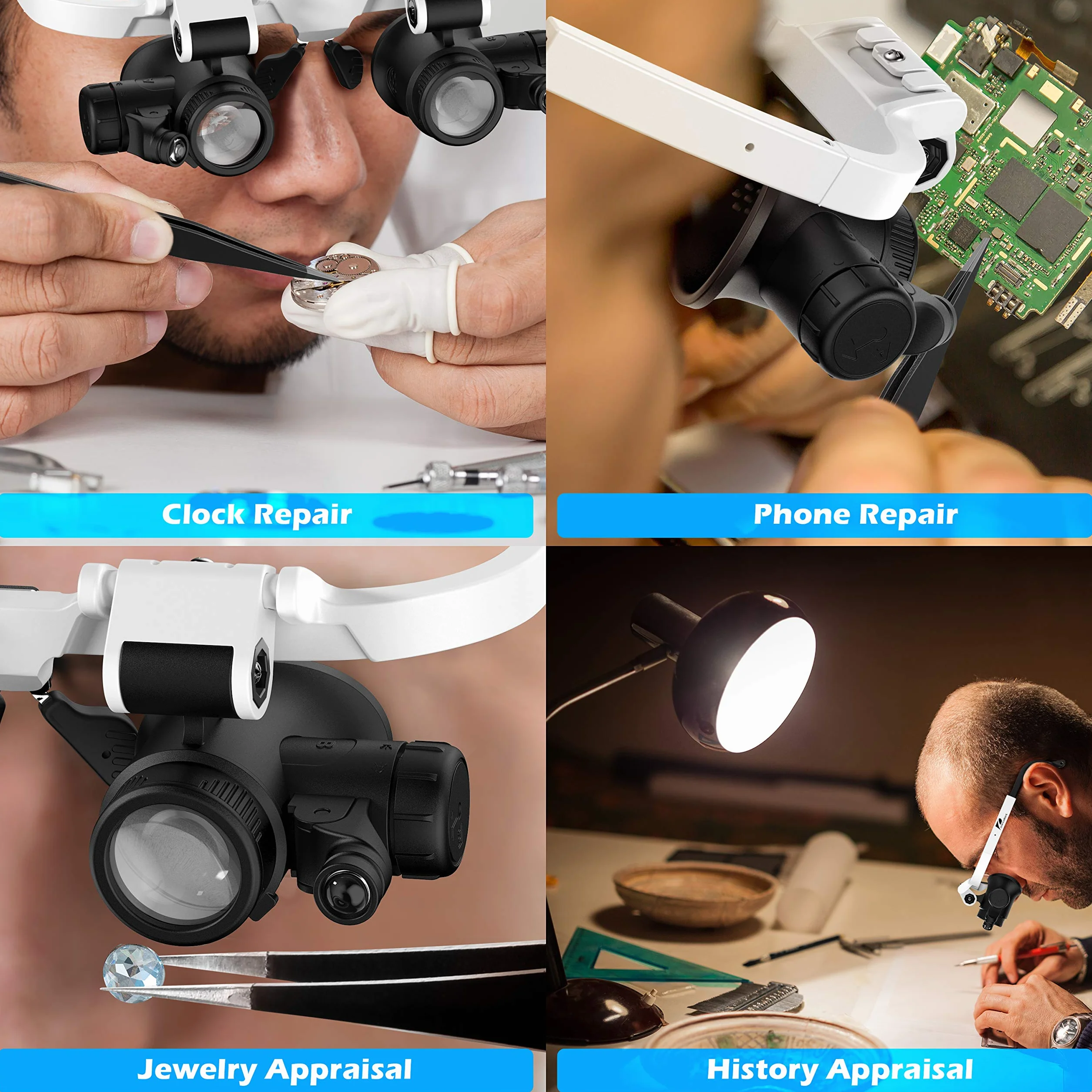 Lightswim Lente d'Ingrandimento con Luce LED Testa Libere 2 Luci LED 3X 4X 5X 6X 7X 10X 15X
