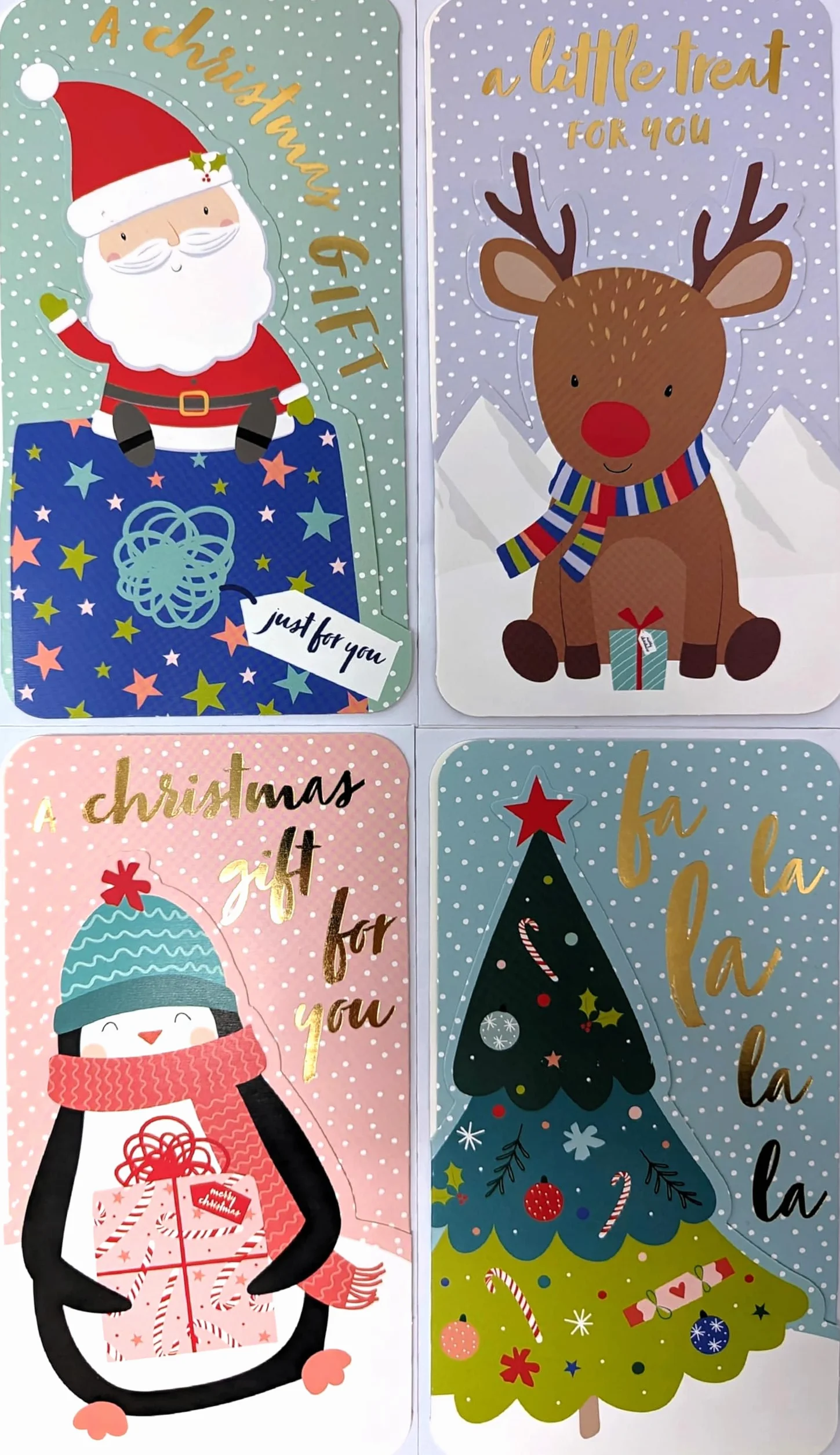 Portafogli Natalizi per Bambini con Buste – Lamina d'Oro Lucida – Simpatici Disegni Babbo Natale, Pinguino, Albero, Renna – Saluto Buon Natale – Confezione Ecologica