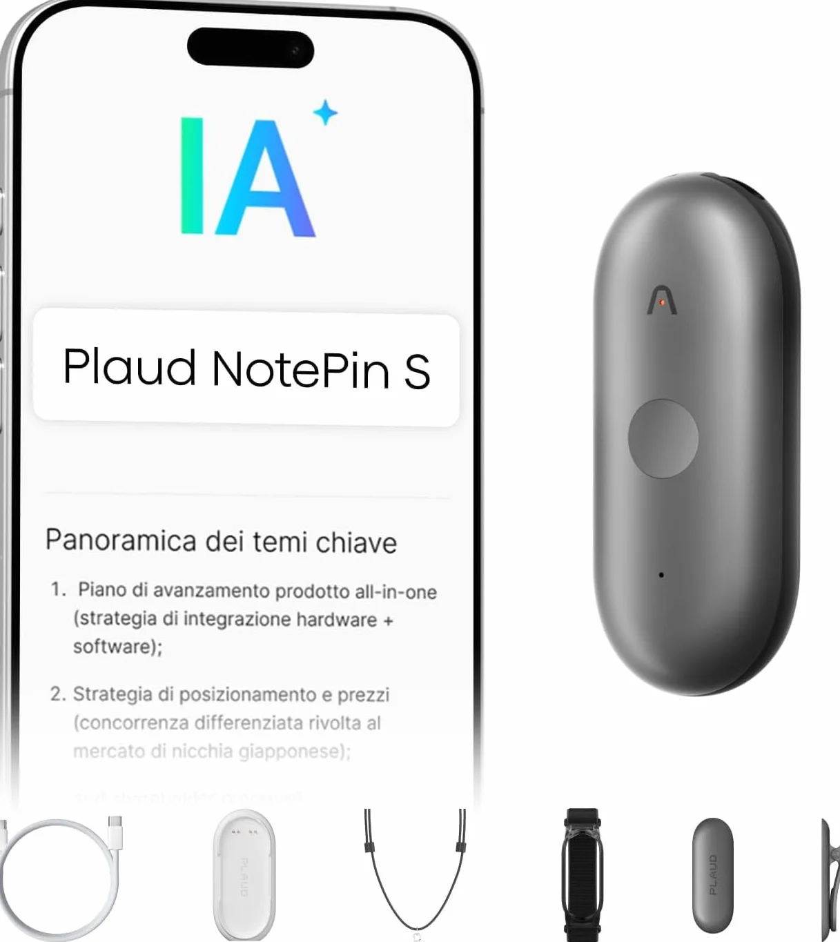 Plaud NotePin S Registratore Vocale AI Pulsante di Registrazione Tattile Audio Digitale Trascrizione Riepilogo Appunti Per Professionisti Riunioni Lezioni con 4 Accessori, Team Plan, Grigio