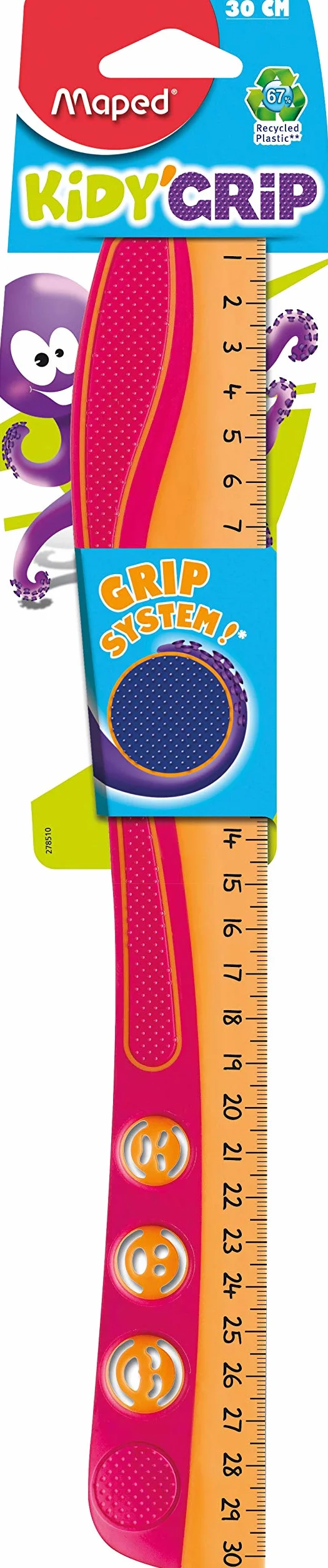 Maped KIDY'GRIP - Righello in plastica Riciclata con Gommini Antiscivolo, 30 cm, Colore: Turchese/Verde/Rosa/Arancione/Blu/Rosso