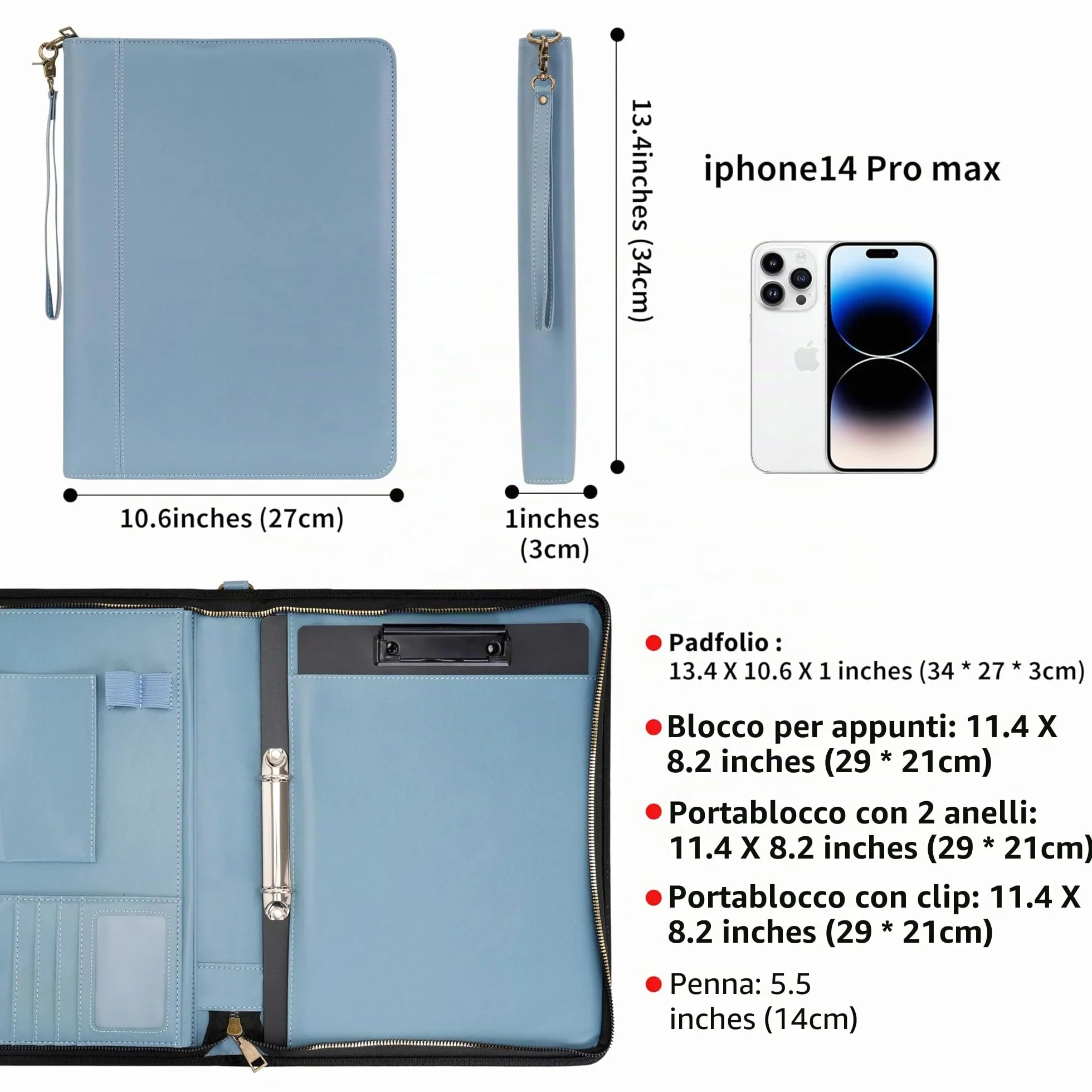 Wason Cartella A4 con Cerniera Portafoglio Pelle PU Raccoglitore Anelli Staccabile Supporto Blocco Note Organizzatore Ufficio Viaggi Scuola Blu nebbia