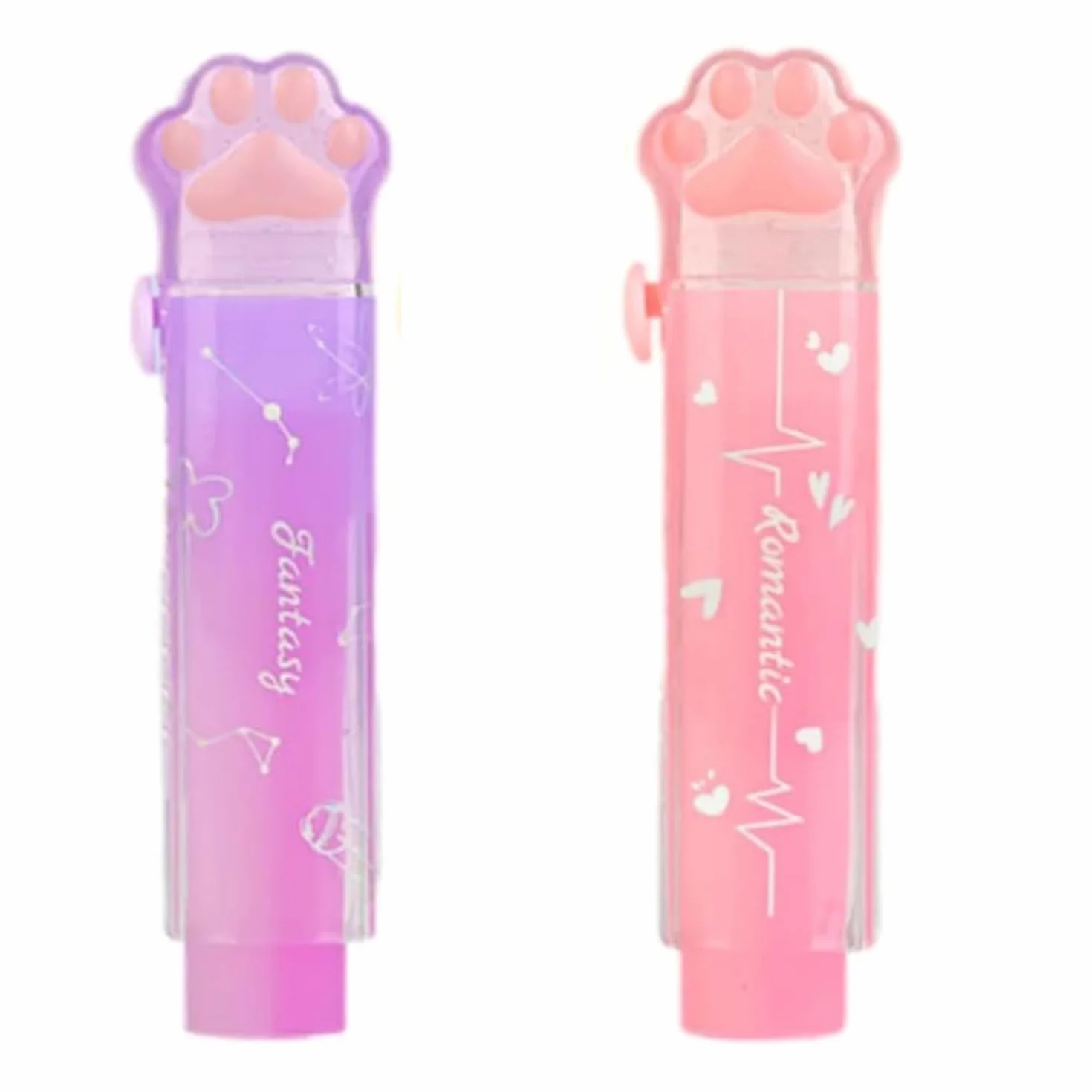 Gomma retrattile a forma di zampa di gatto rosa e viola, set di 2 per bambini