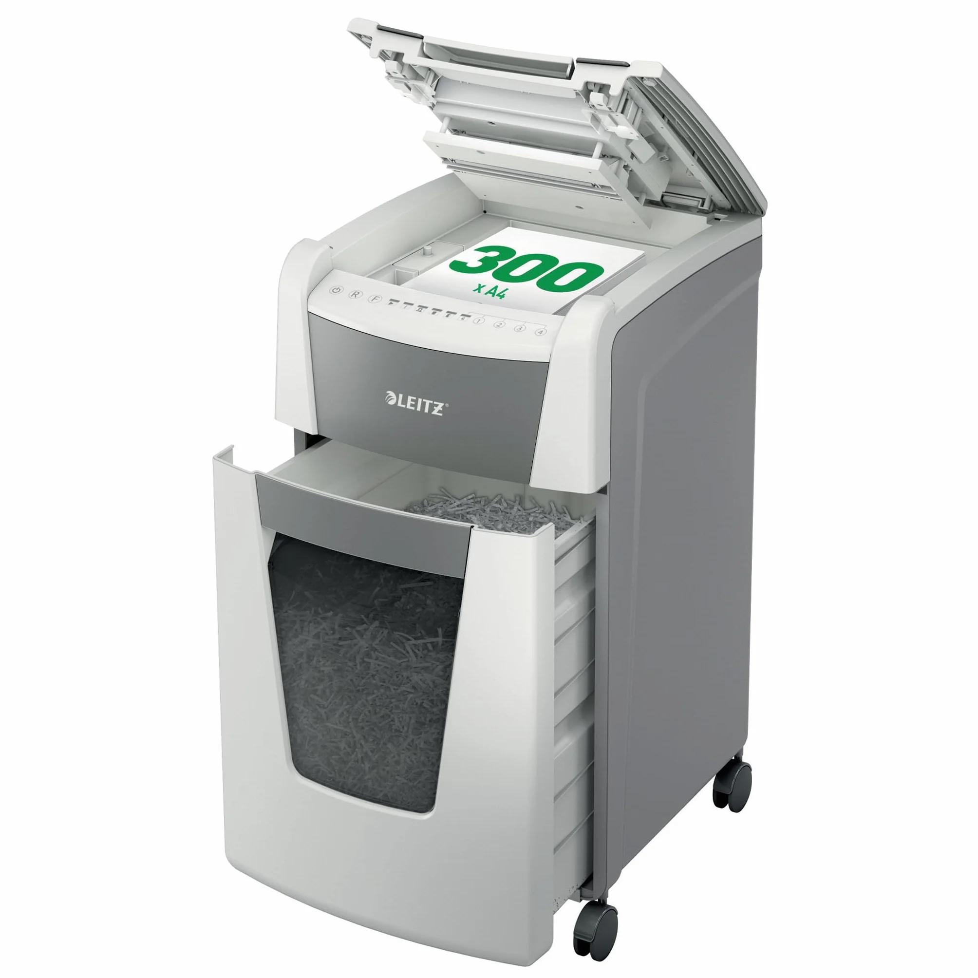 LEITZ IQ Autofeed 300 P-4 Office, Distruggidocumenti Automatico, 300 Fogli, Taglio a Frammenti, Sicurezza P-4, Capacità 60 litri, 80150000