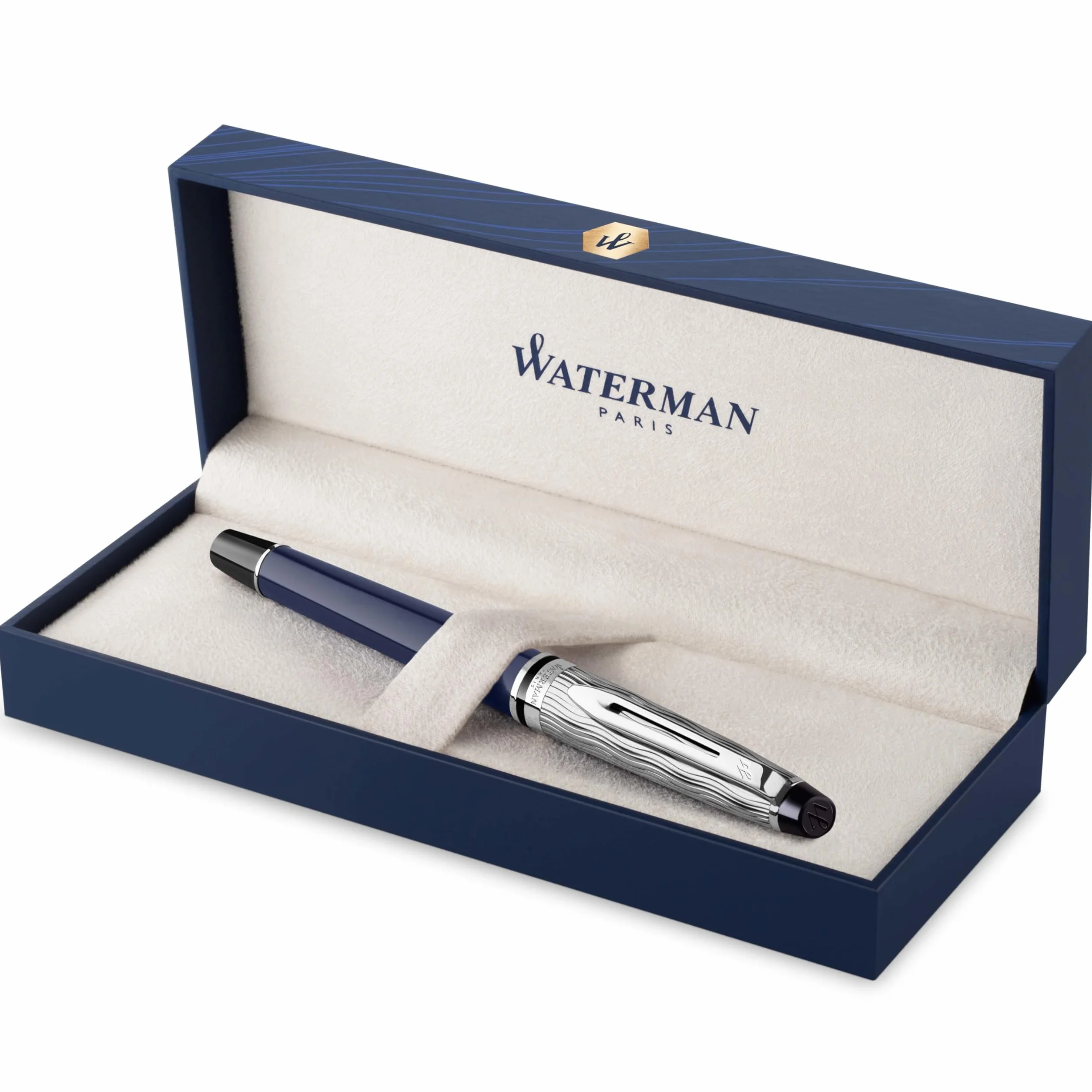 Waterman Expert penna roller Made in France laccatura blu metallo cappuccio cesellato inchiostro nero confezione regalo