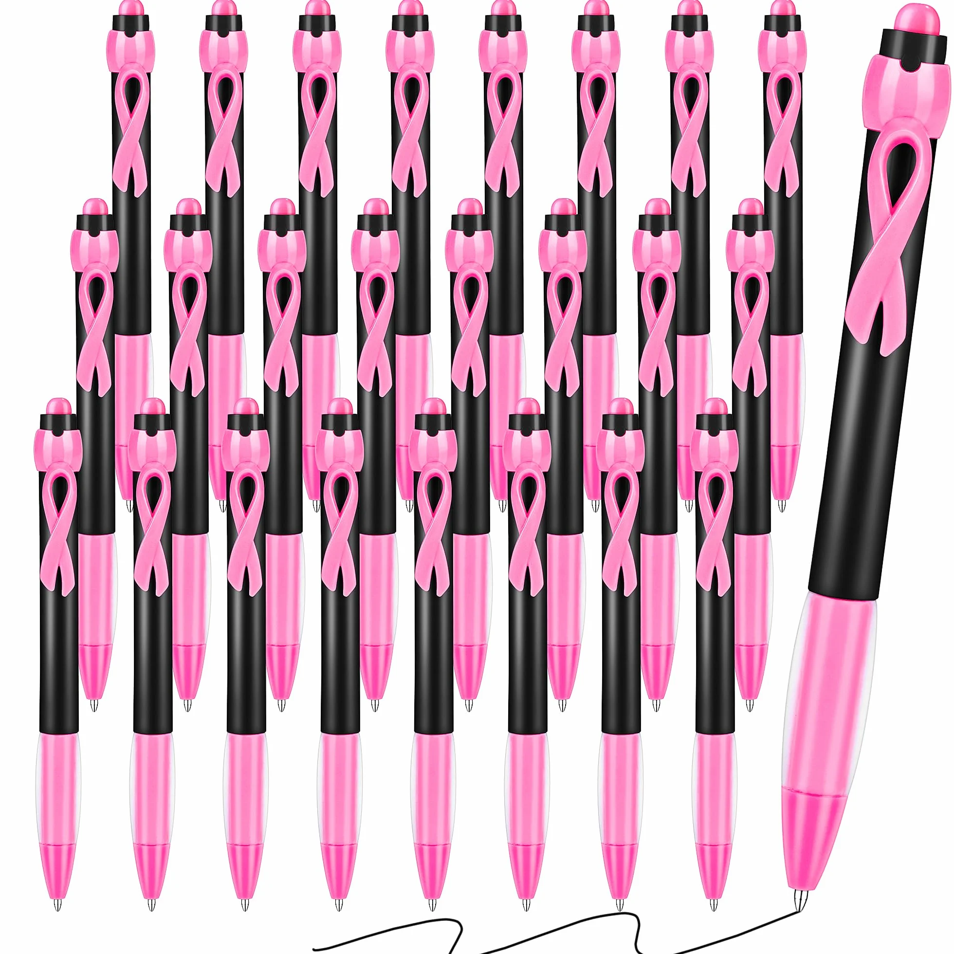 Aodaer 144 penne a sfera per sensibilizzazione contro il cancro al seno, con nastro rosa, penna gel retrattile con impugnatura morbida, inchiostro nero, penna rosa e nera, per sensibilizzazione sul